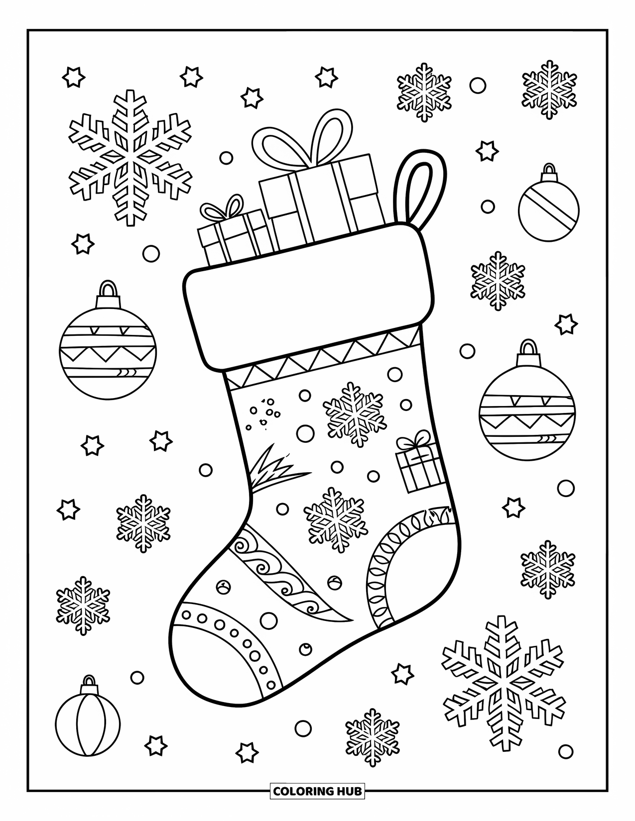 Christmas Stocking Coloring Page for Kids: A stocking surrounded by snowflakes, ornaments, and small presents