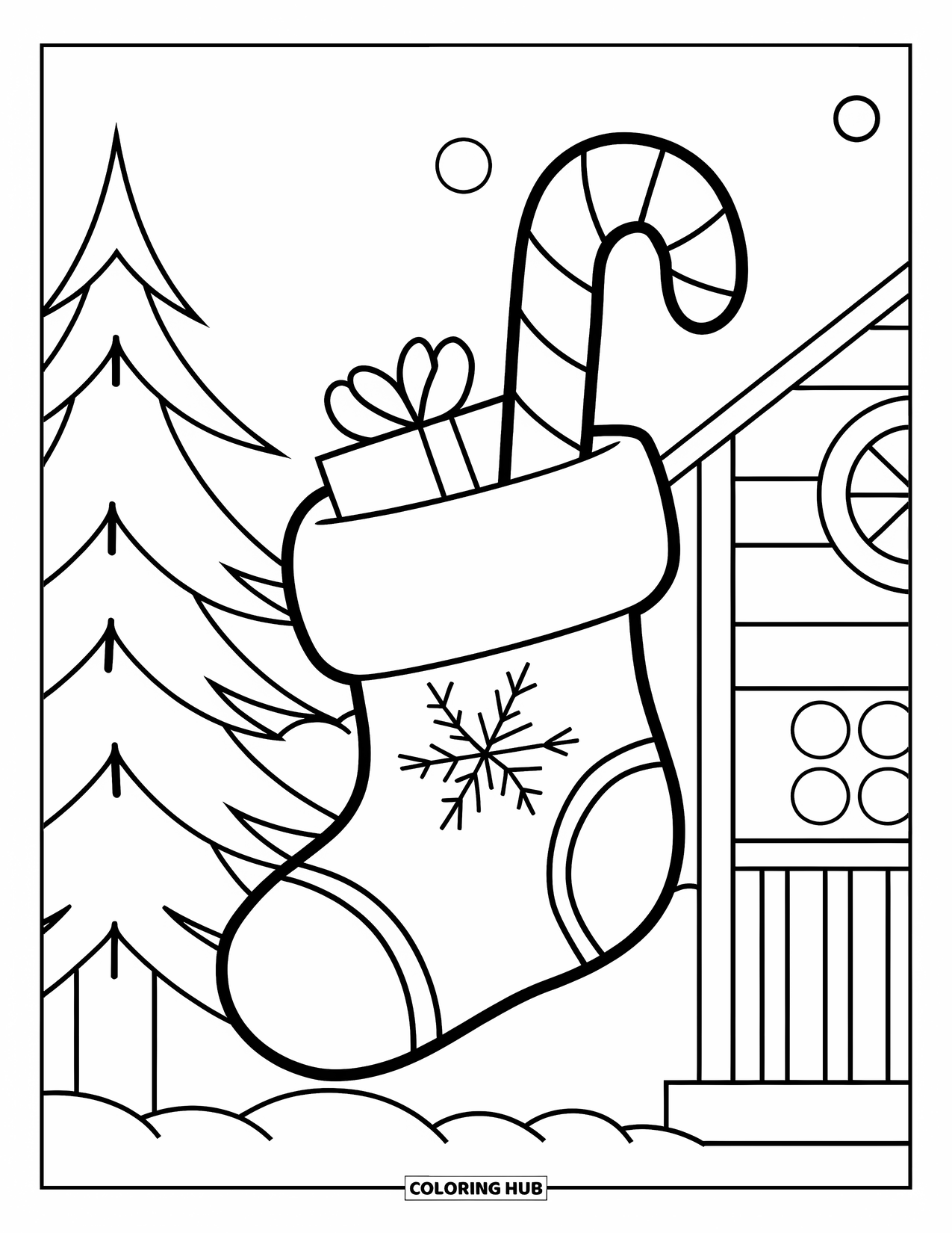 Christmas Stocking Coloring Page for Kids: A stocking with a candy cane and gift hangs in front of trees