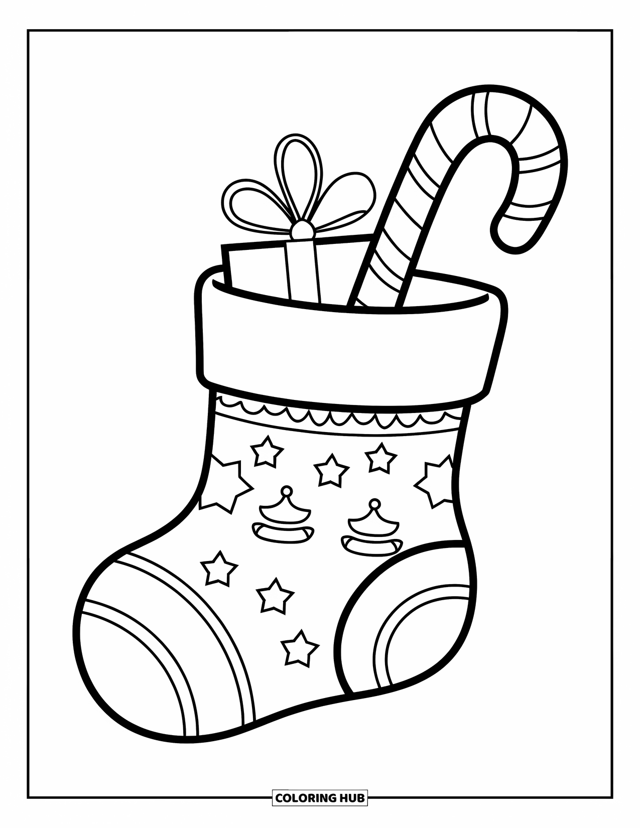 Christmas Stocking Coloring Page for Kids: A stocking with a candy cane and gift hangs on a wall