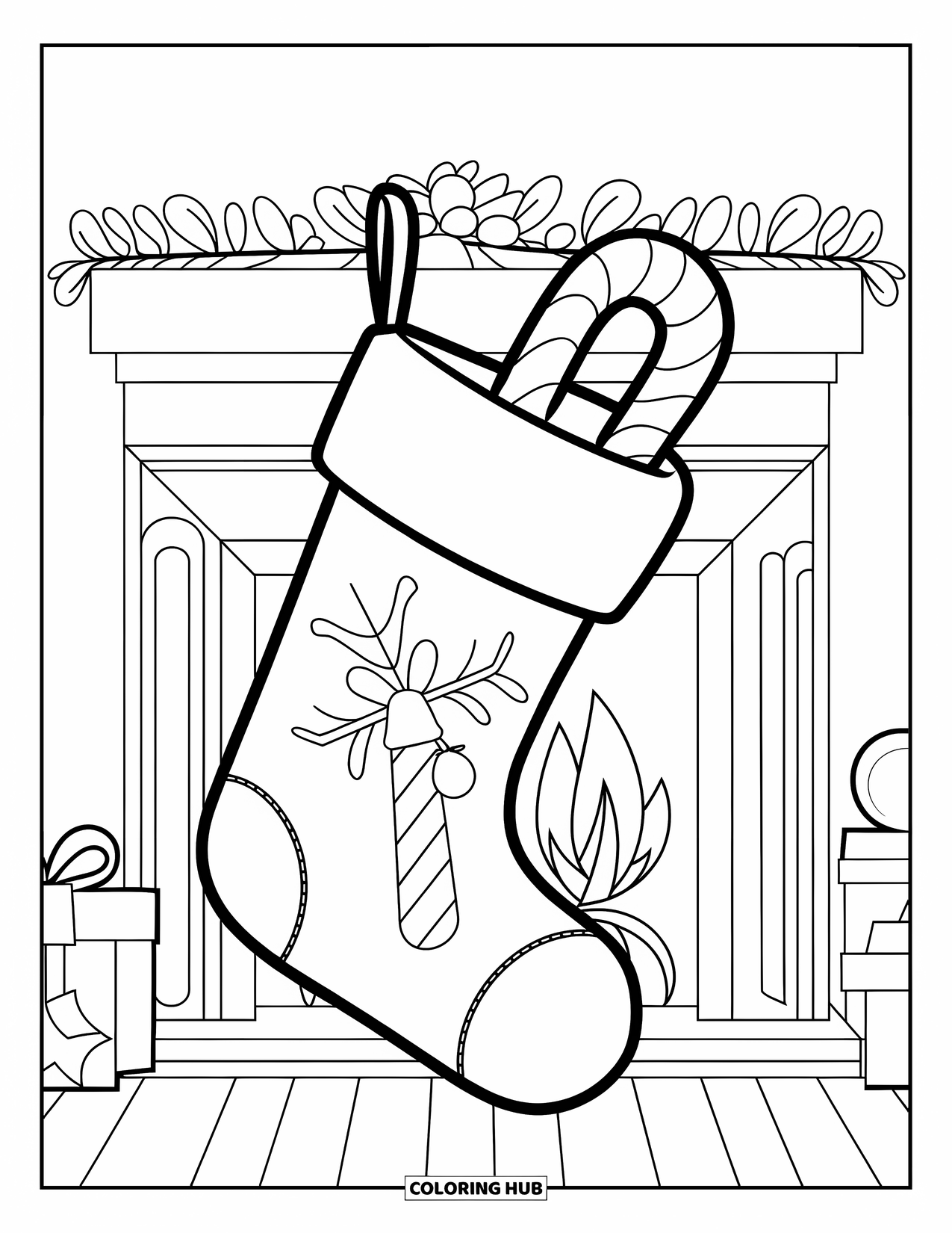 Christmas Stocking Coloring Page for Kids: A stocking with a candy cane and gift hangs on a warm fireplace