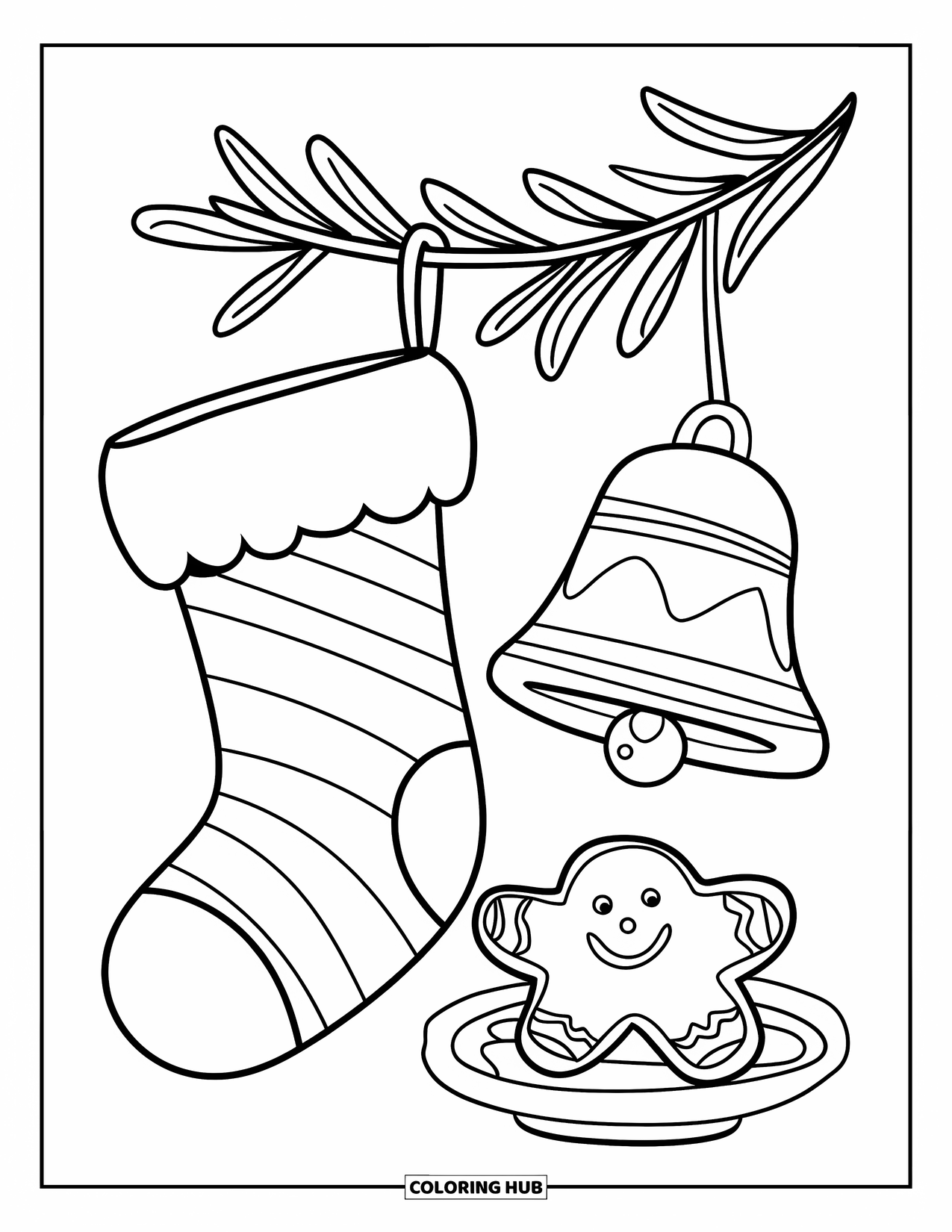Christmas Stocking Coloring Page for Kids: A stocking with a cookie and bell hangs under Christmas ornaments