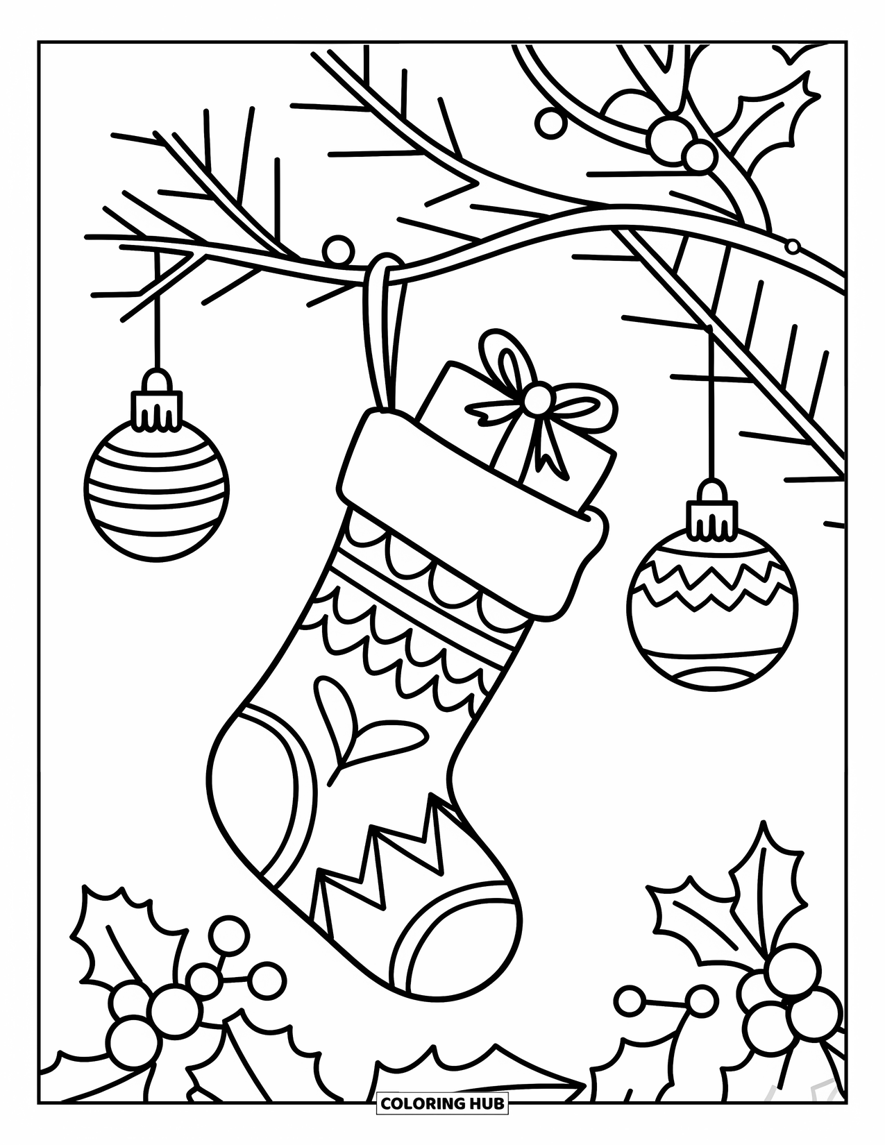 Christmas Stocking Coloring Page for Kids: A stocking with a gift inside hangs from a decorated tree branch