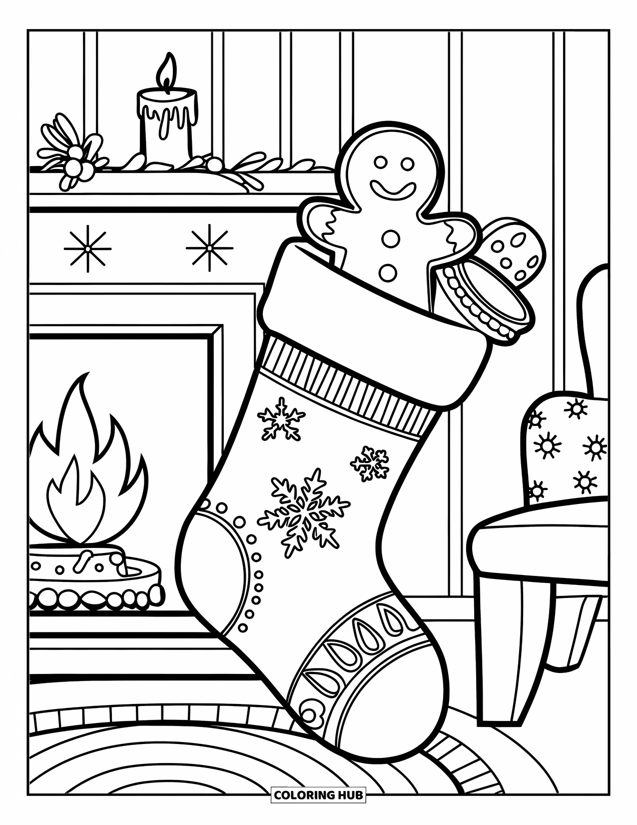 Christmas Stocking Coloring Page for Kids: A stocking with a gingerbread man hangs by a decorated fireplace