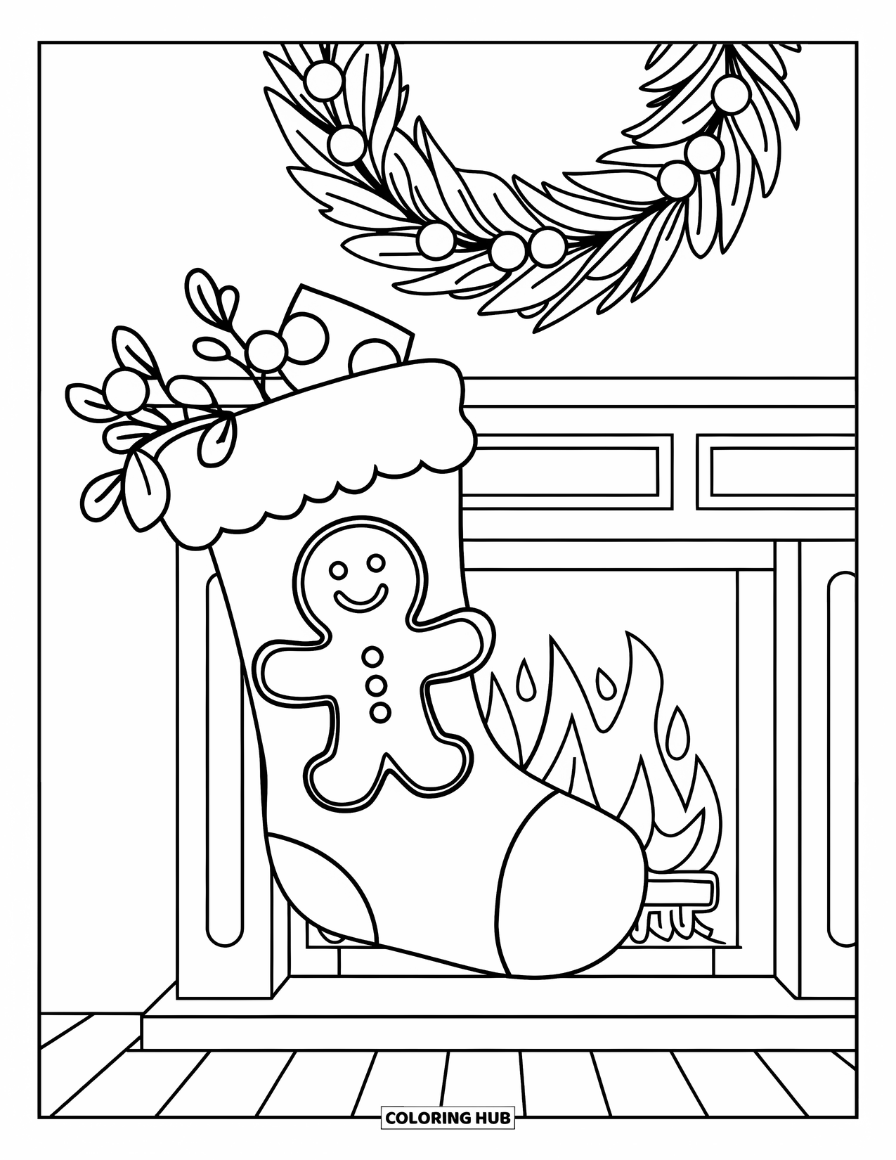 Christmas Stocking Coloring Page for Kids: A stocking with a gingerbread man hangs on a mantel with wreath