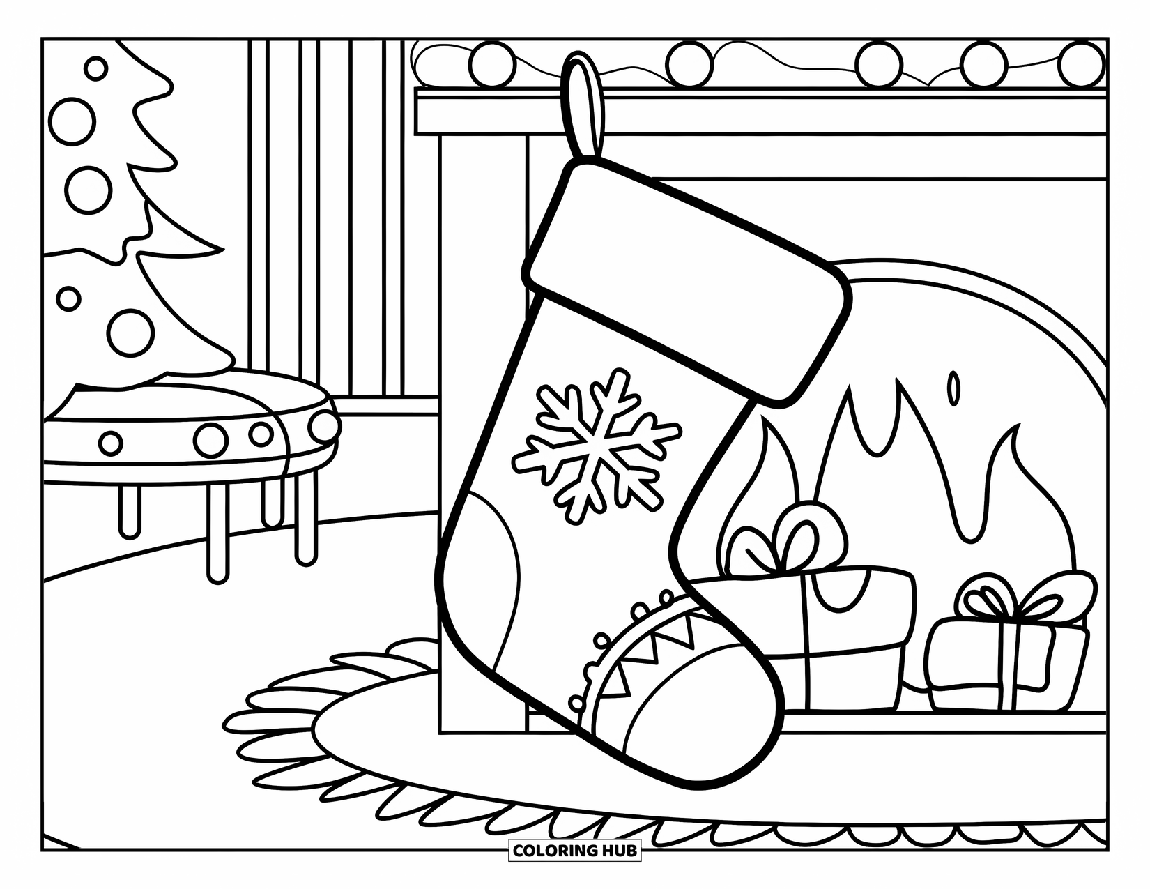 Christmas Stocking Coloring Page for Kids: A stocking with a smiling snowflake cuff hangs in a cozy room