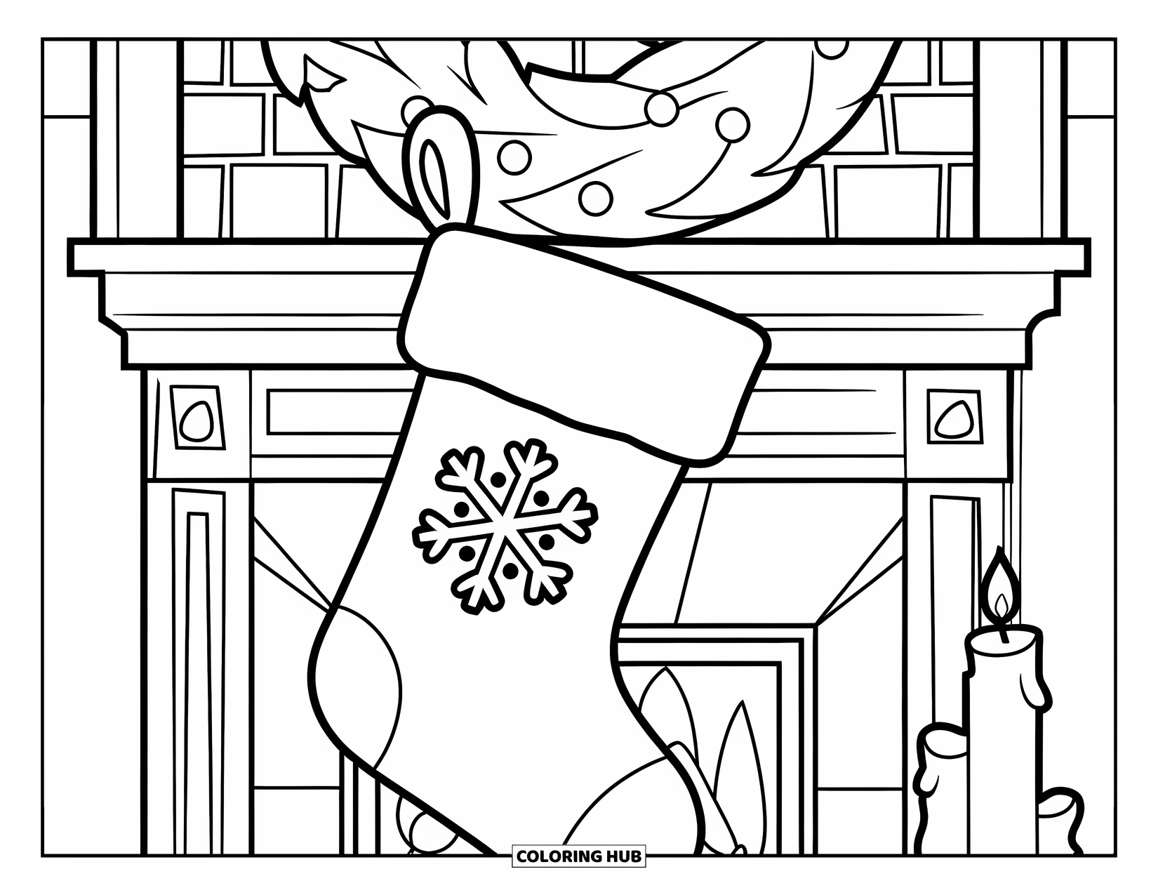 Christmas Stocking Coloring Page for Kids: A stocking with a smiling snowflake cuff hangs on a warm fireplace