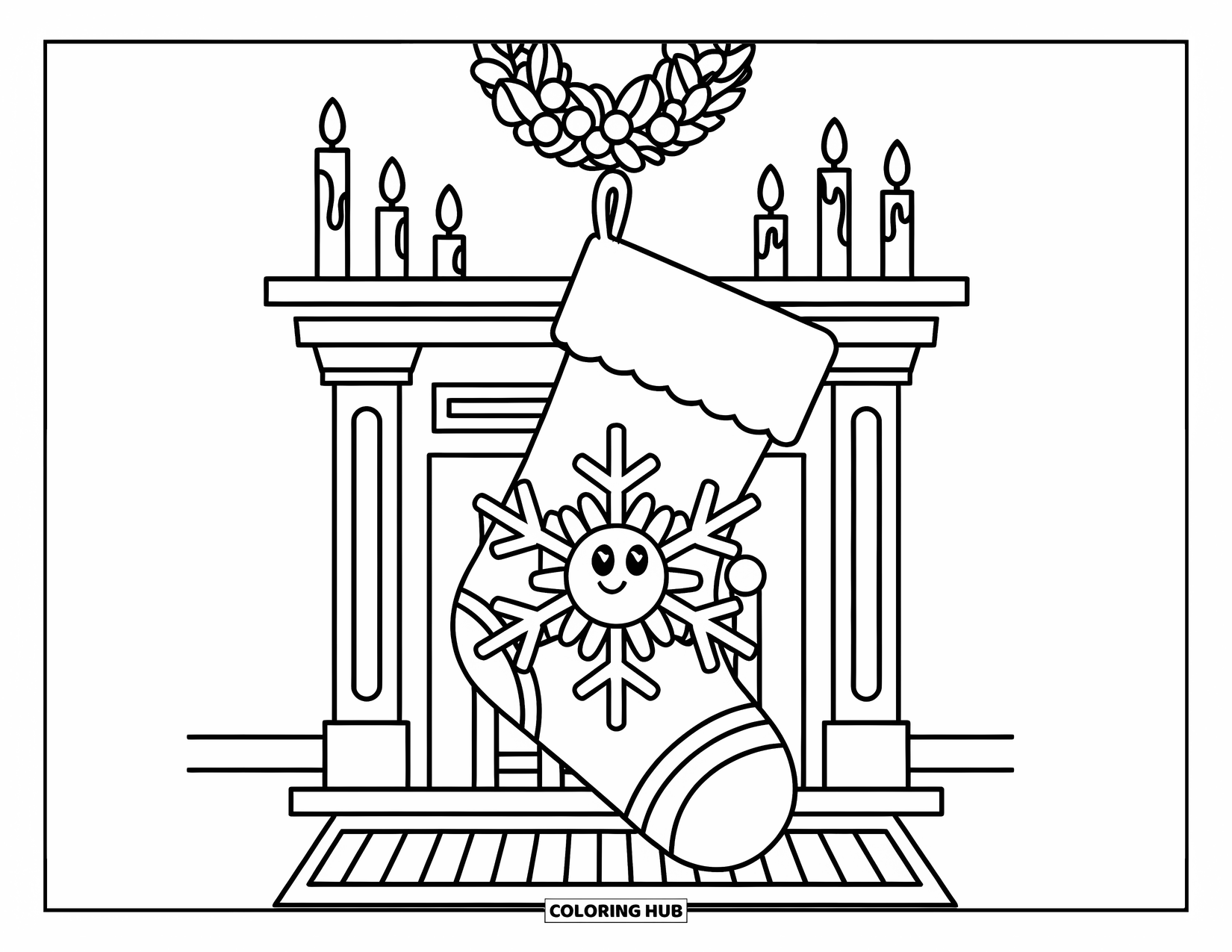 Christmas Stocking Coloring Page for Kids: A stocking with a snowflake cuff hangs above a decorated fireplace