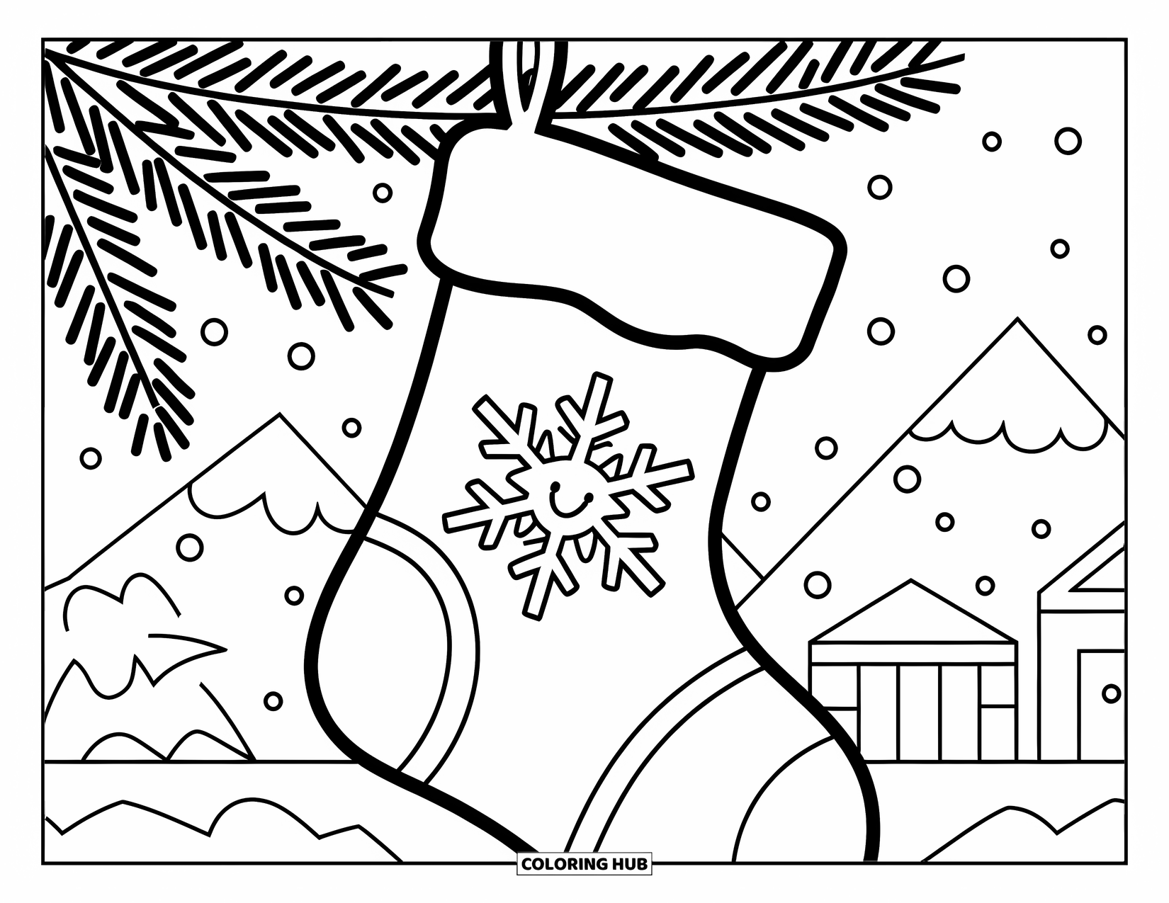 Christmas Stocking Coloring Page for Kids: A stocking with a snowflake cuff hangs near a snowy mountain view