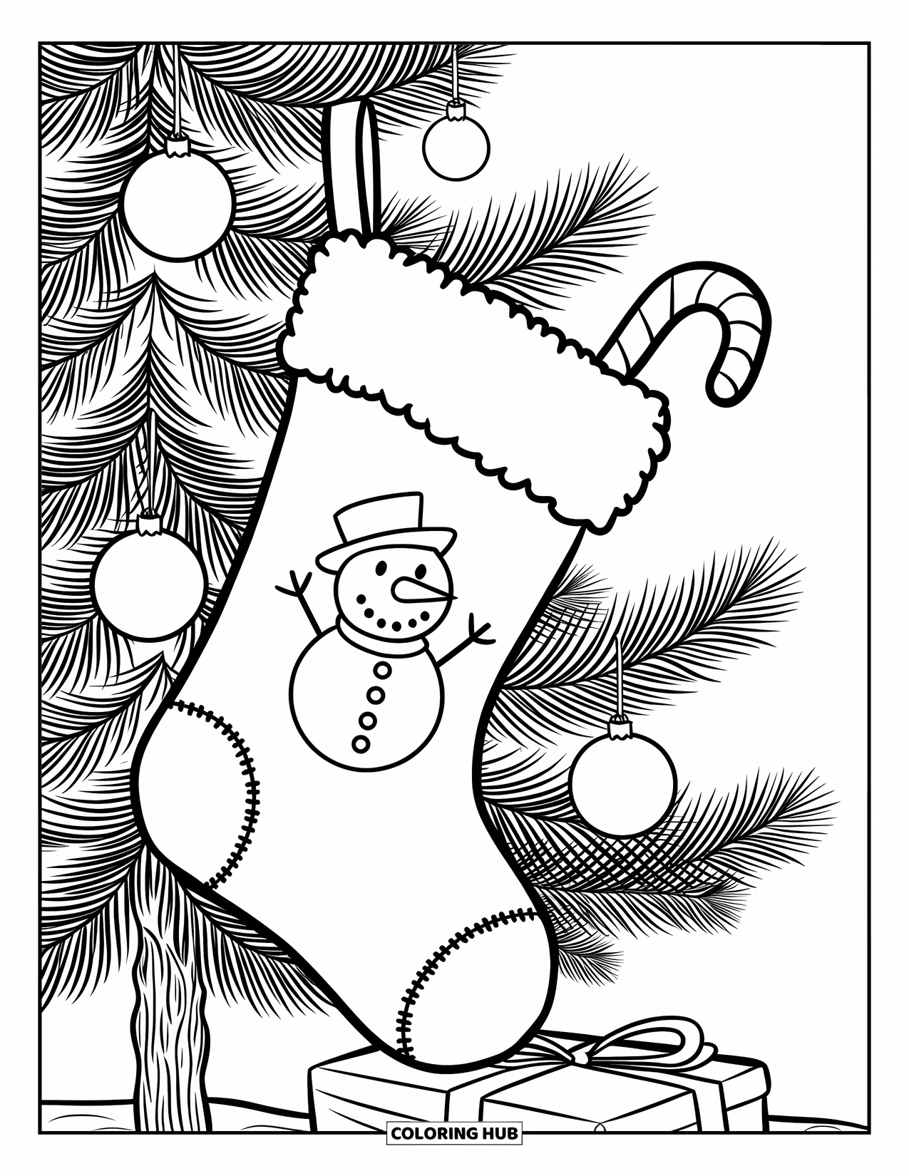 Christmas Stocking Coloring Page for Kids: A stocking with a snowman design and candy canes hangs on a tree