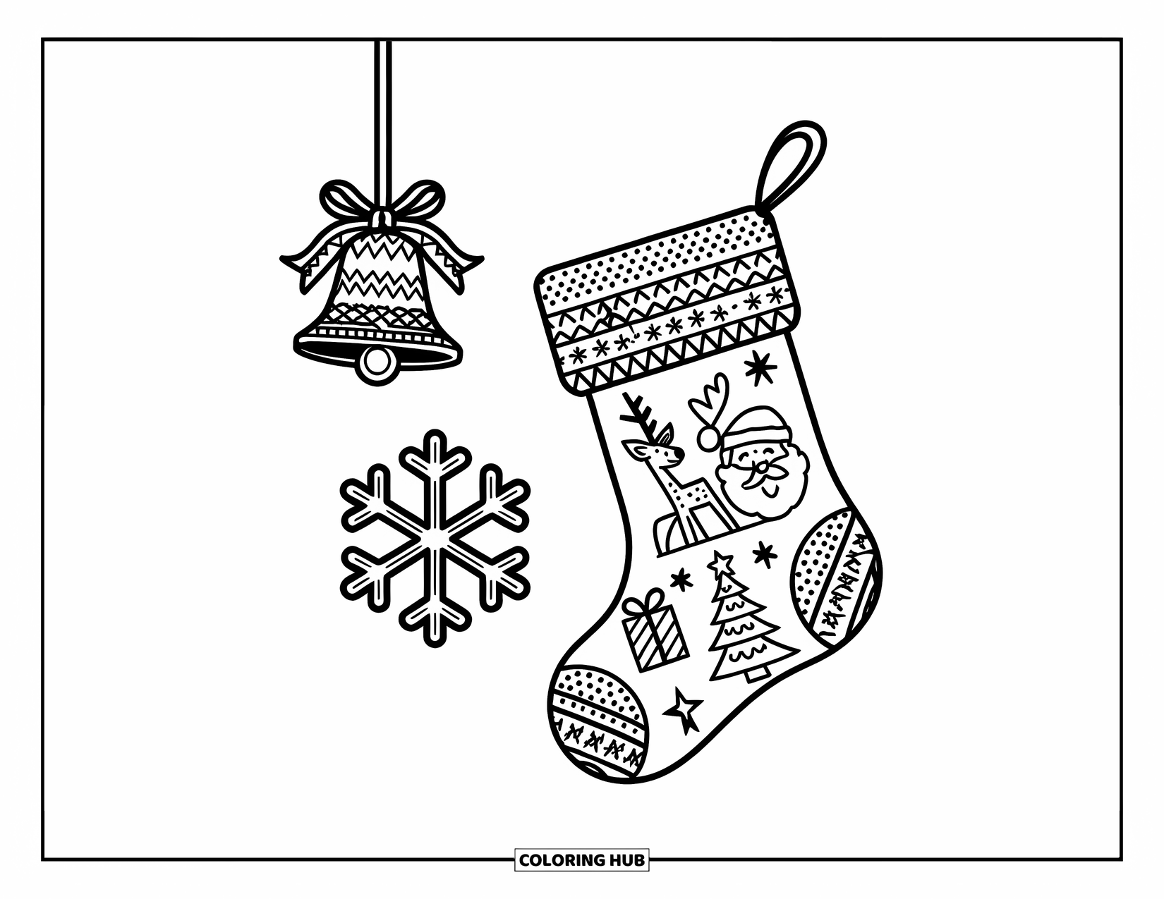 Christmas Stocking Coloring Page for Kids: A stocking with festive designs hangs near a bell and snowflake