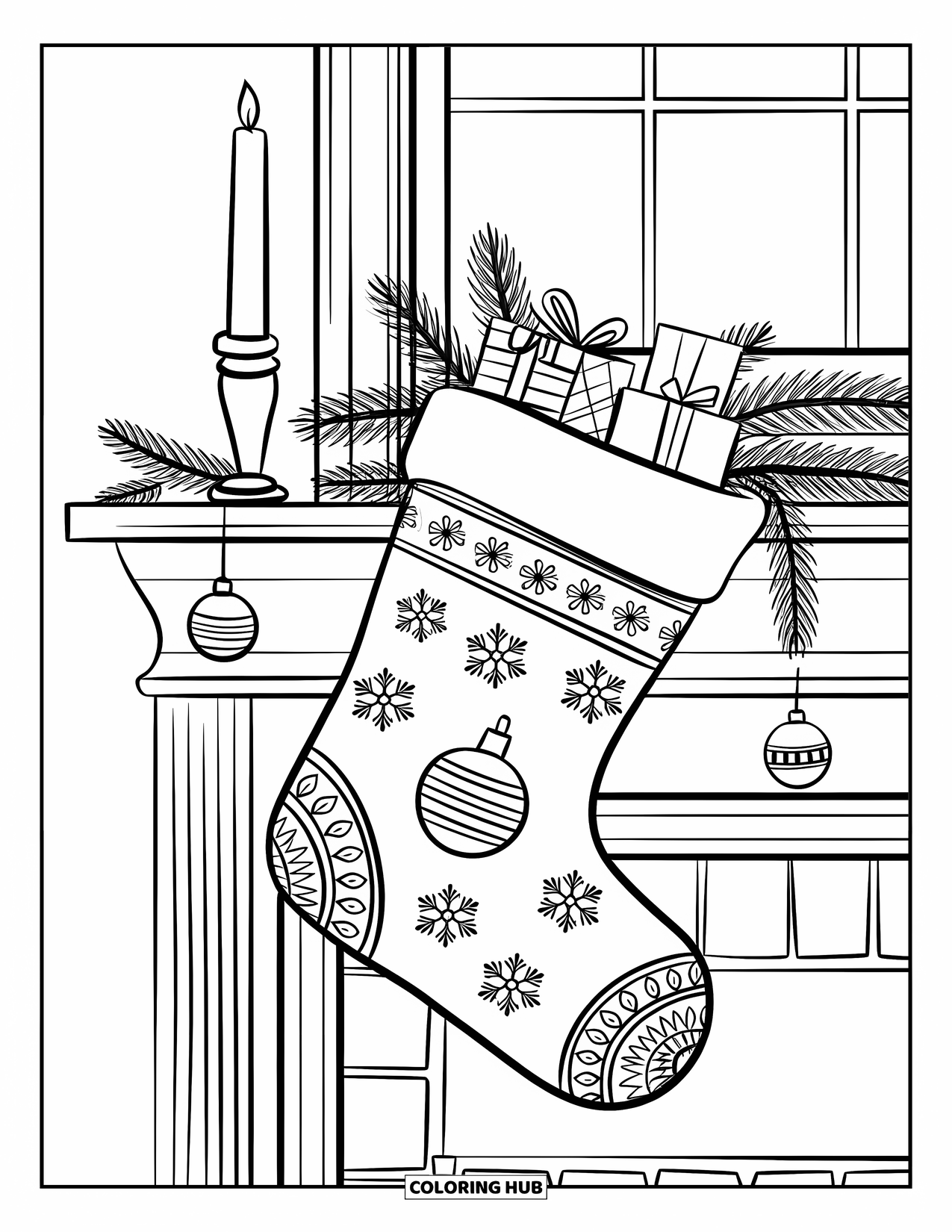 Christmas Stocking Coloring Page for Kids: A stocking with ornaments and presents hangs on a mantel