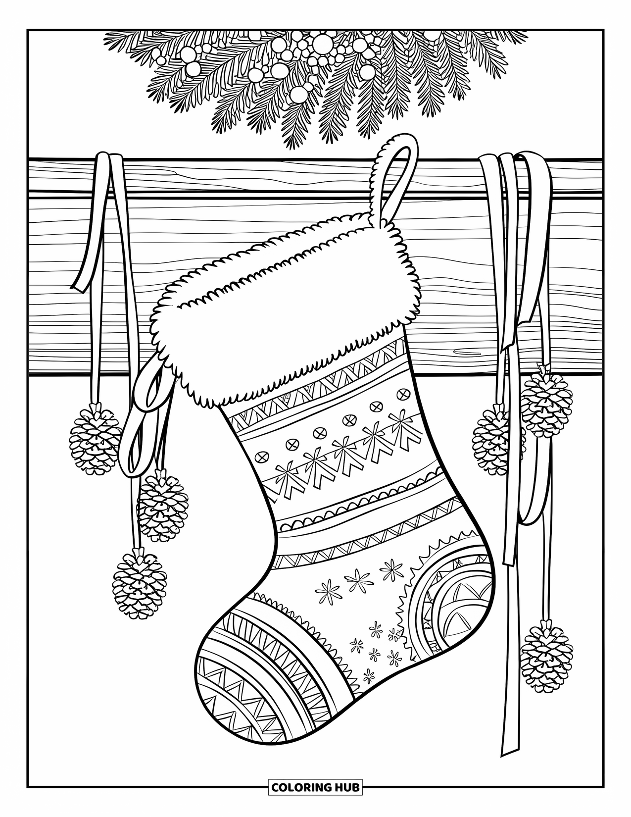Christmas Stocking Coloring Page for Kids: A stocking with ribbons and pinecones hangs on a wooden mantle