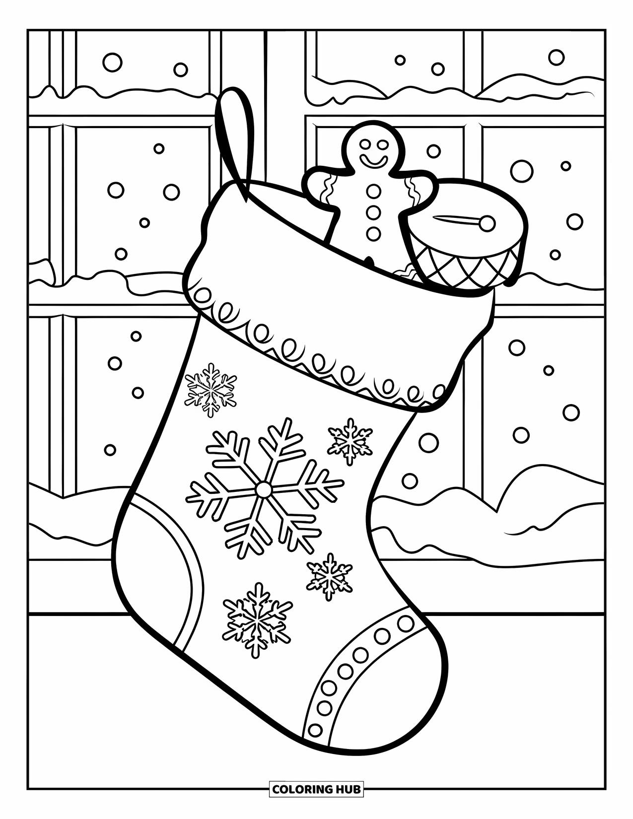Christmas Stocking Coloring Page for Kids: A stocking with snowflakes hangs near a window with a gingerbread man