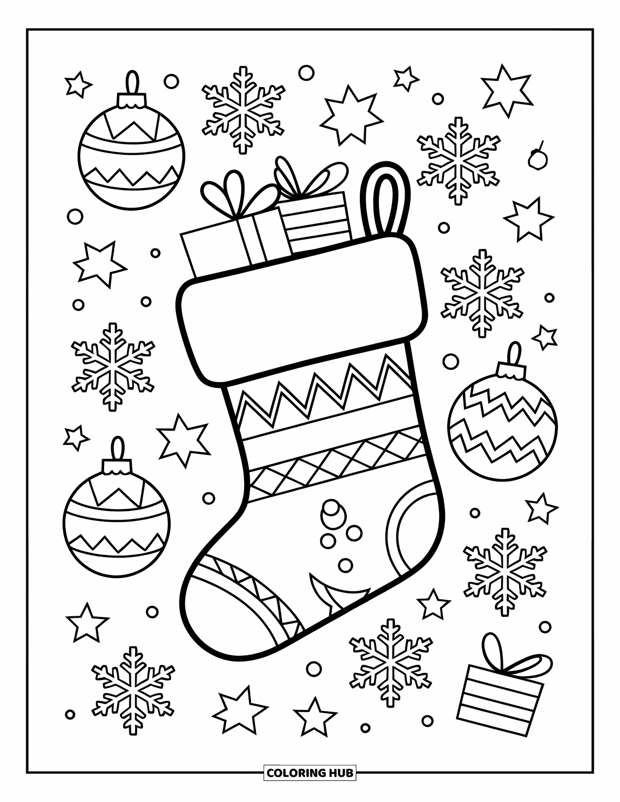 Christmas Stocking Coloring Page for Kids: A stocking with stripes hangs among ornaments and snowflakes