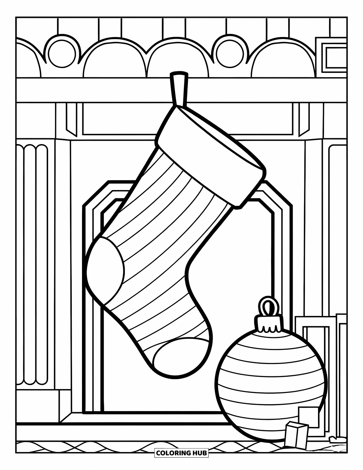 Christmas Stocking Coloring Page for Kids: A striped stocking and ornament hang above a festive fireplace