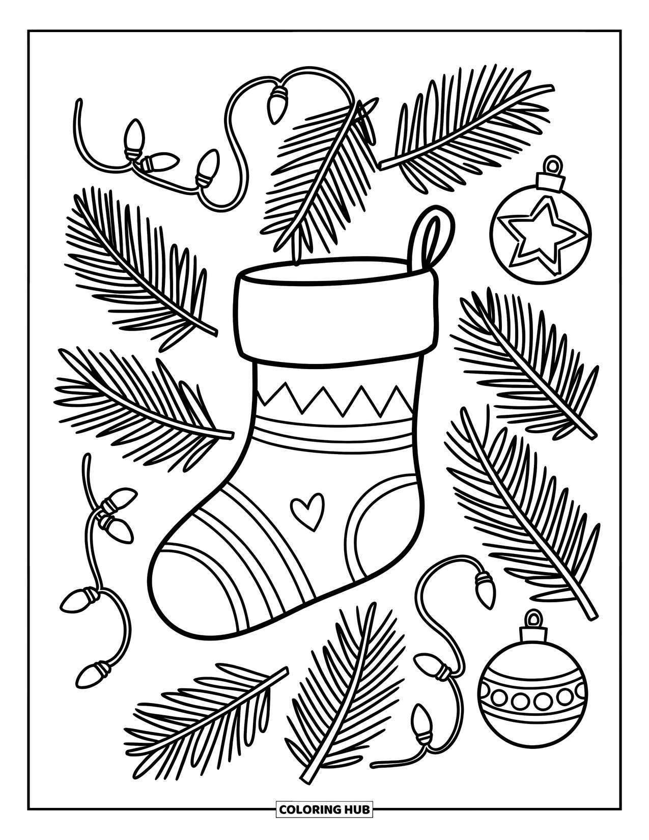 Christmas Stocking Coloring Page for Kids: A striped stocking hangs among ornaments, branches, and twinkling lights