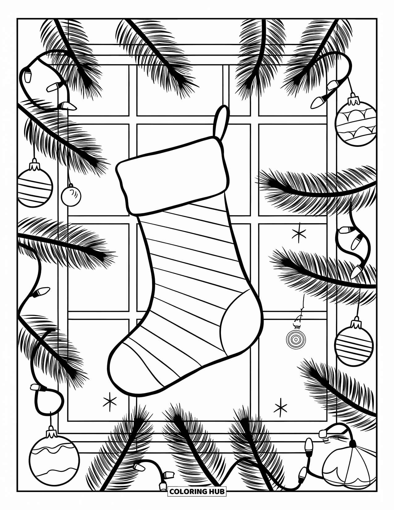 Christmas Stocking Coloring Page for Kids: A striped stocking hangs among pine branches, ornaments, and lights