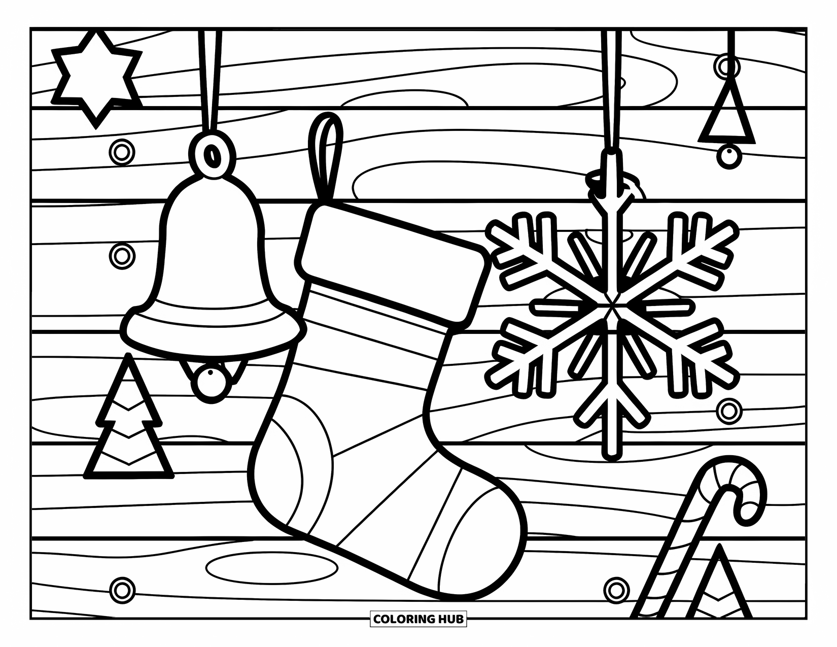 Christmas Stocking Coloring Page for Kids: A striped stocking hangs near a bell, snowflake, and ornaments