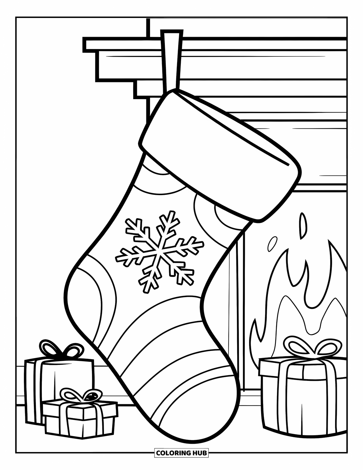 Christmas Stocking Coloring Page for Kids: A striped stocking with a snowflake hangs near a fireplace