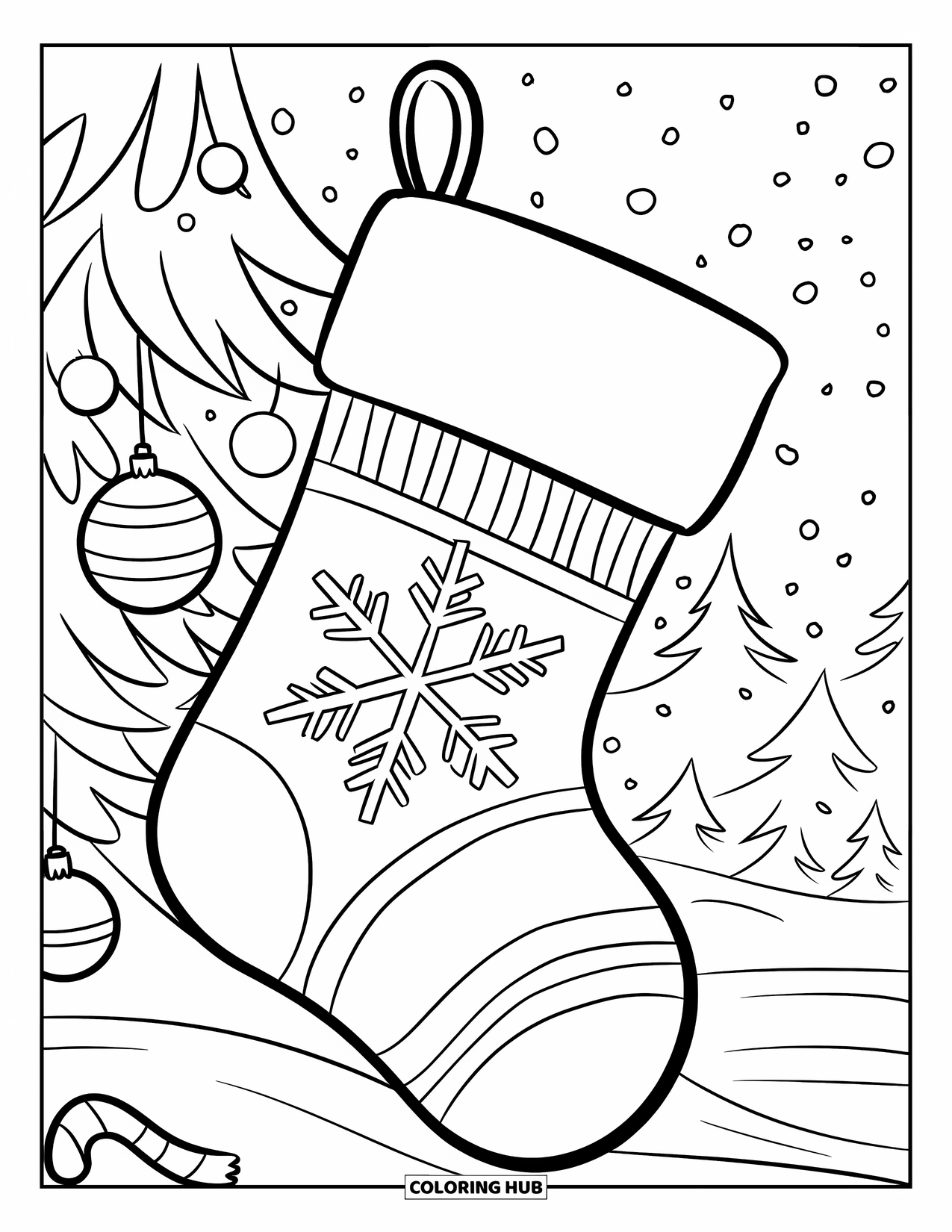 Christmas Stocking Coloring Page for Kids: A striped stocking with a snowflake hangs near a tree