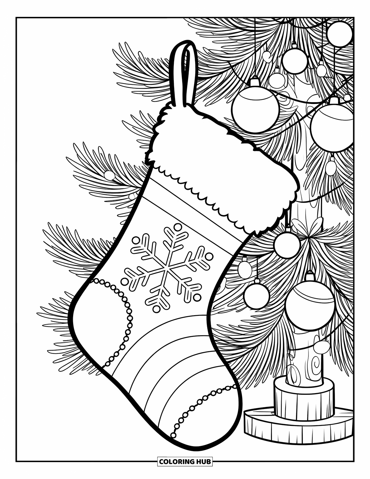 Christmas Stocking Coloring Page for Kids: A striped stocking with a snowflake hangs on a decorated tree