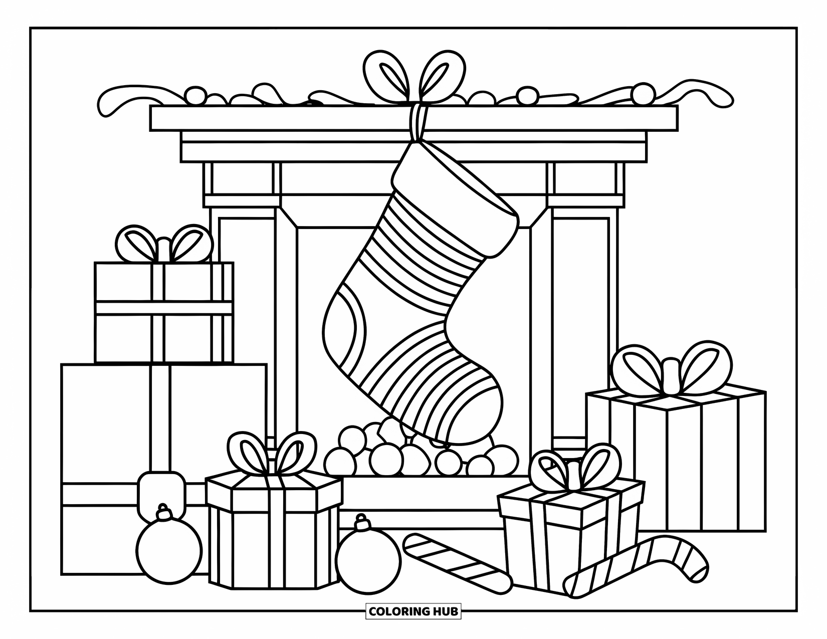 Christmas Stocking Coloring Page for Kids: A striped stocking with presents and ornaments sits by the fireplace