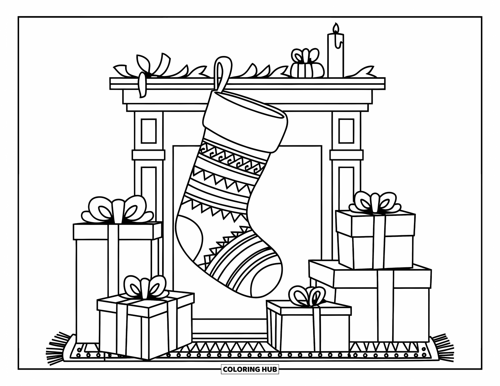 Christmas Stocking Coloring Page for Kids: Stockings and gifts rest beside a simple, decorated fireplace