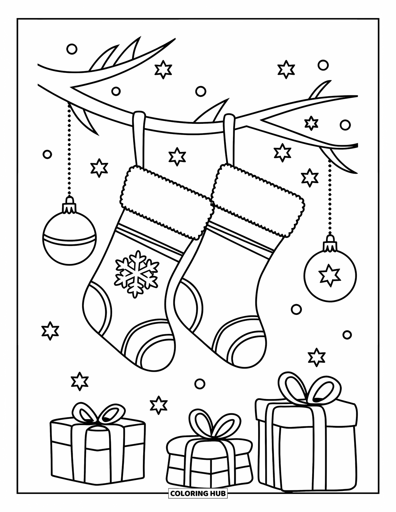 Christmas Stocking Coloring Page for Kids: Stockings hang beneath a starry branch with gifts and candy canes