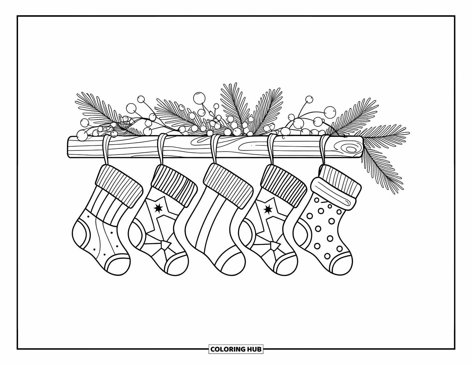 Christmas Stocking Coloring Page for Kids: Stockings hang from a wooden beam decorated with pine and berries