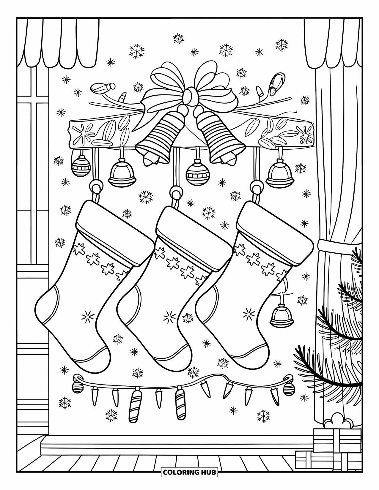 Christmas Stocking Coloring Page for Kids: Three stockings hang on a wall beside a small Christmas tree