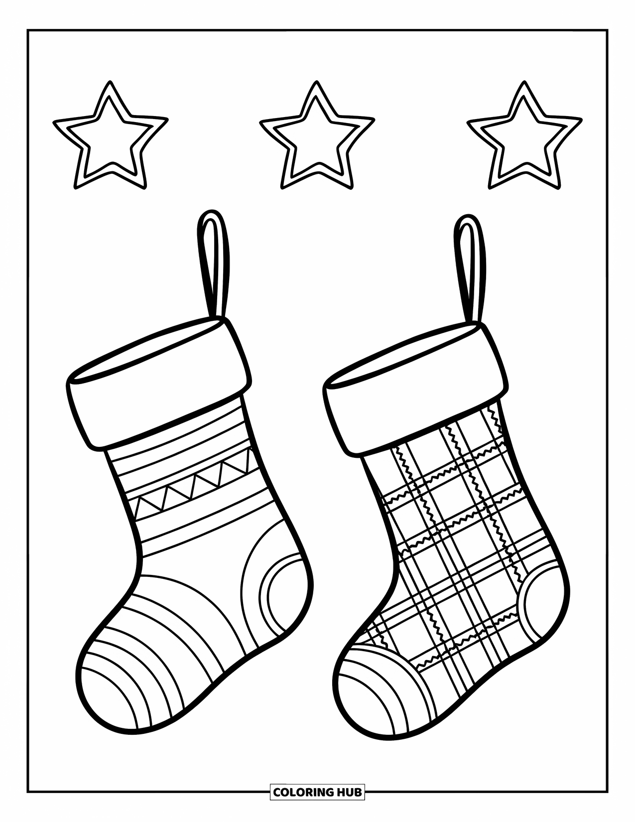 Christmas Stocking Coloring Page for Kids: Two patterned stockings hang side by side with stars above