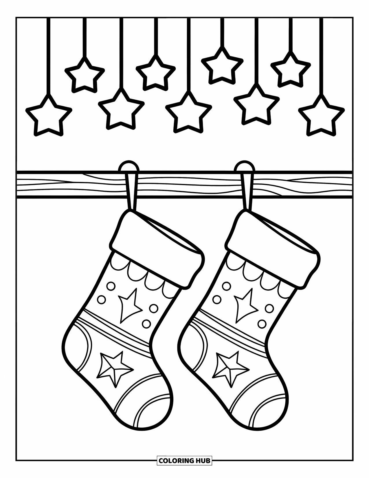 Christmas Stocking Coloring Page for Kids: Two stockings hang on a pole with stars above