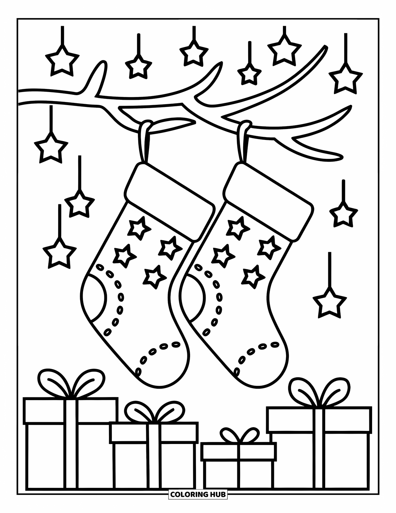 Christmas Stocking Coloring Page for Kids: Two stockings hang under a tree branch with stars and presents