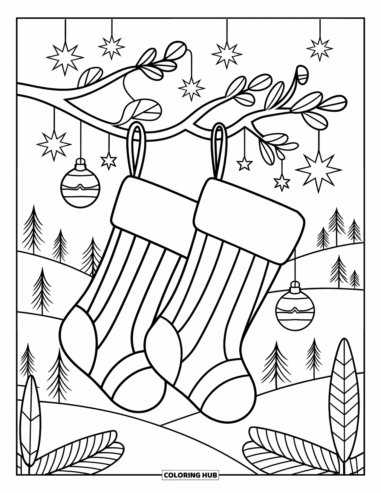 Christmas Stocking Coloring Page for Kids: Two striped stockings hang under a branch with stars and ornaments