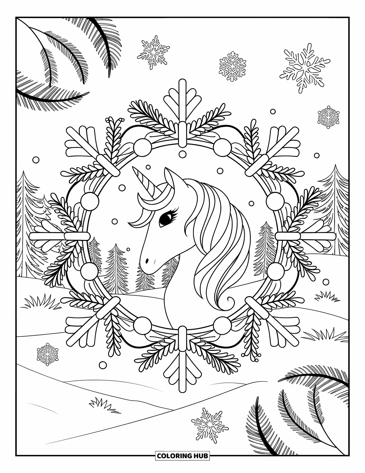 Christmas Unicorn Coloring Page for Adults: A unicorn framed by fir branches and bows in a snowy landscape