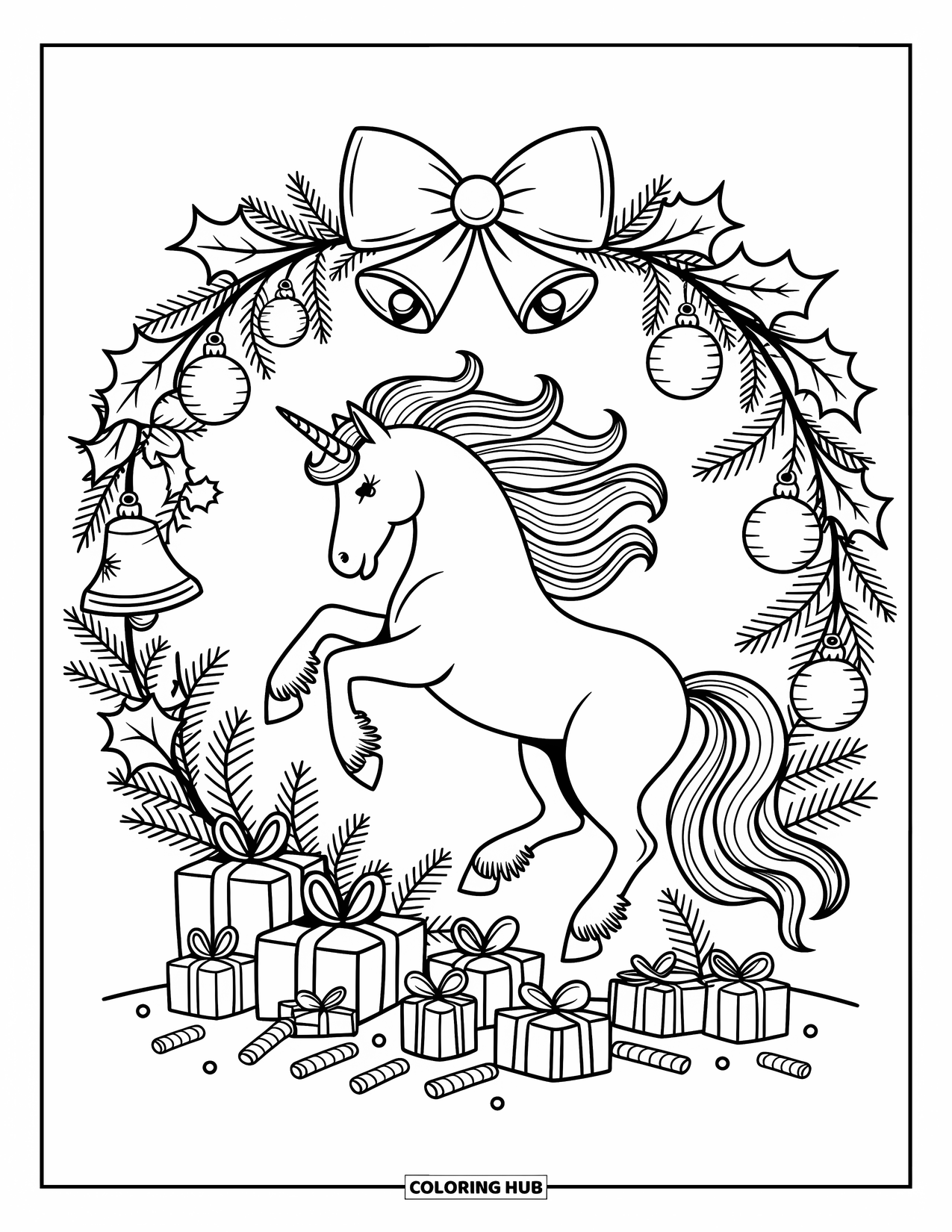 Christmas Unicorn Coloring Page for Adults: A unicorn inside a wreath decorated with bells, holly, and ornaments