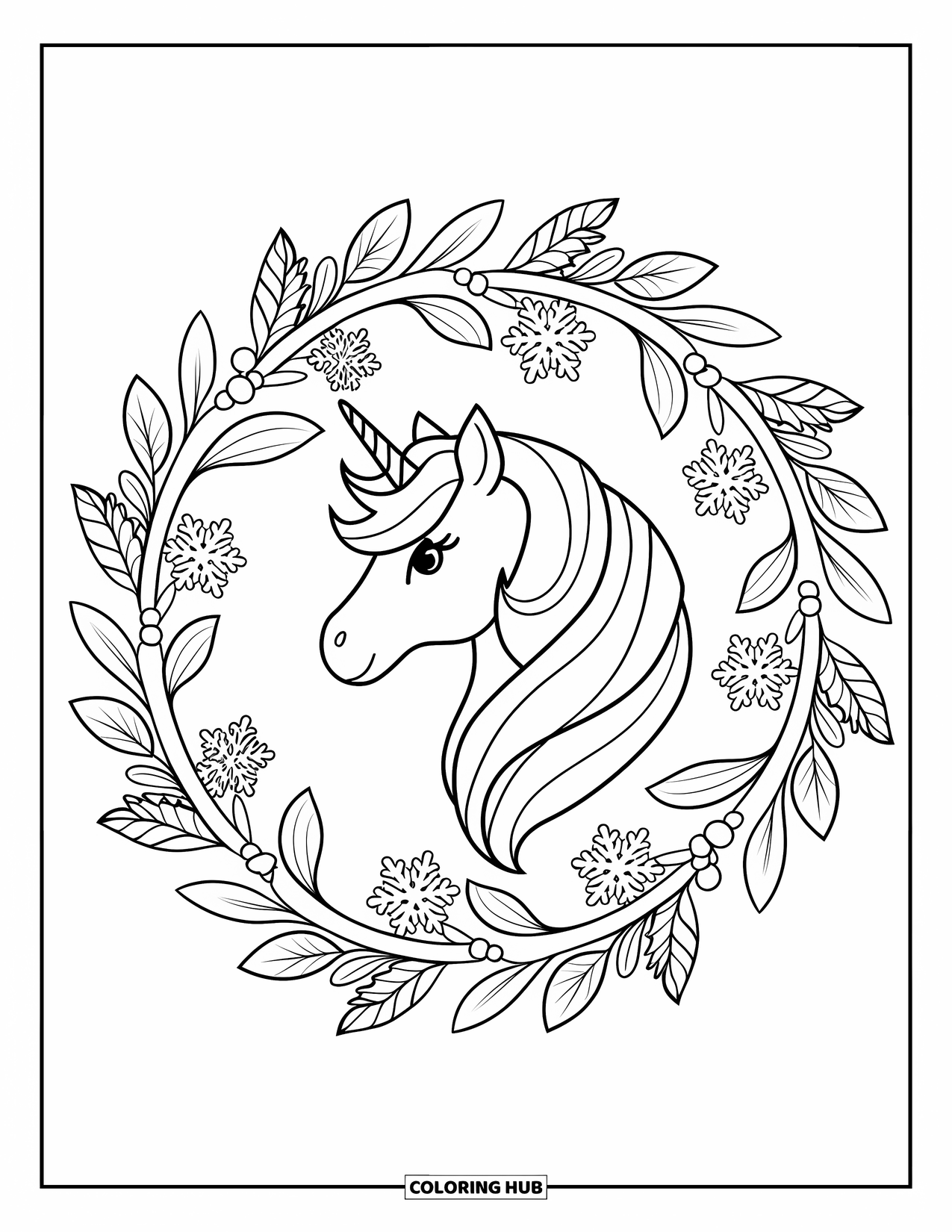 Christmas Unicorn Coloring Page for Adults: A unicorn inside a wreath of mistletoe and snowflakes stands calmly