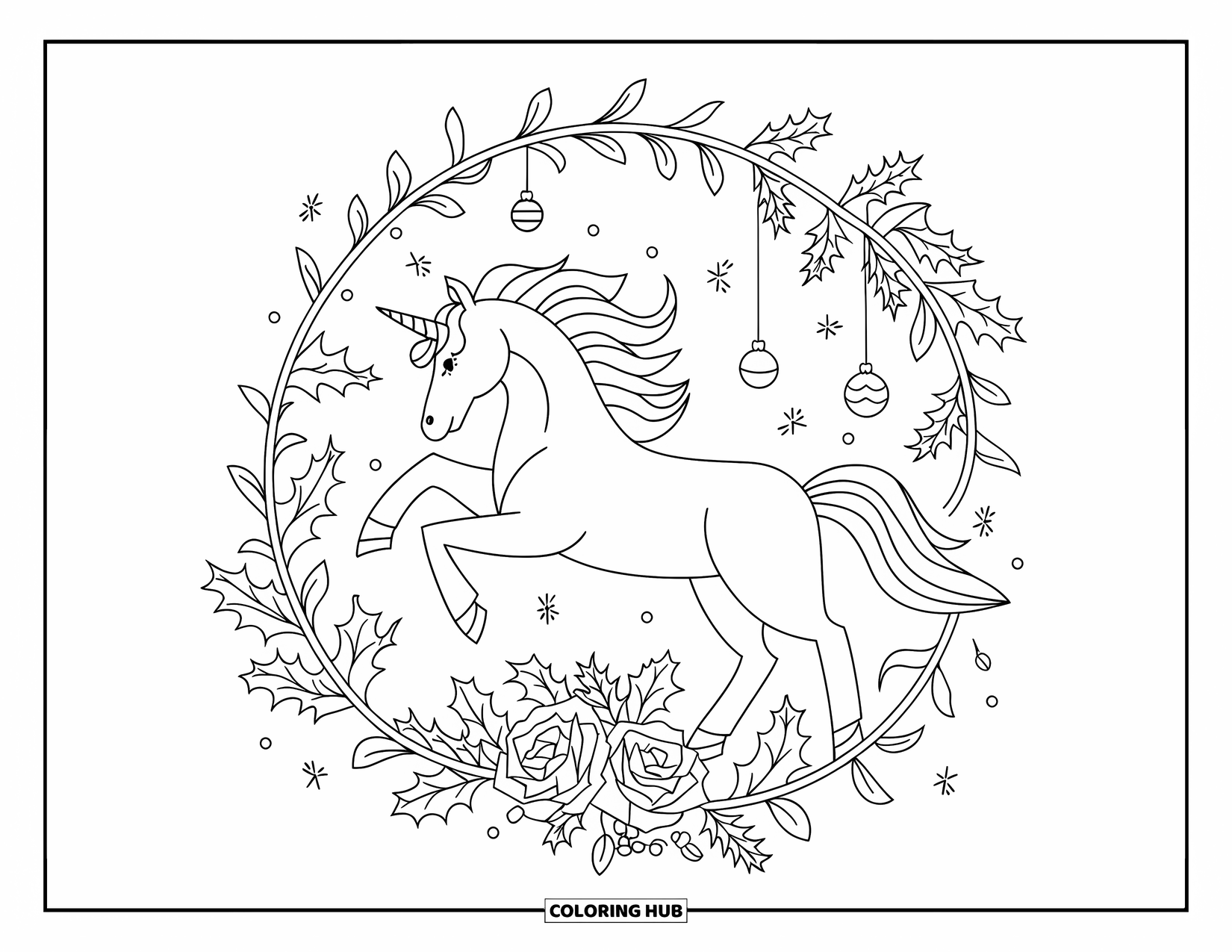 Christmas Unicorn Coloring Page for Adults: A unicorn is surrounded by ivy, roses, and holly berries with ornaments