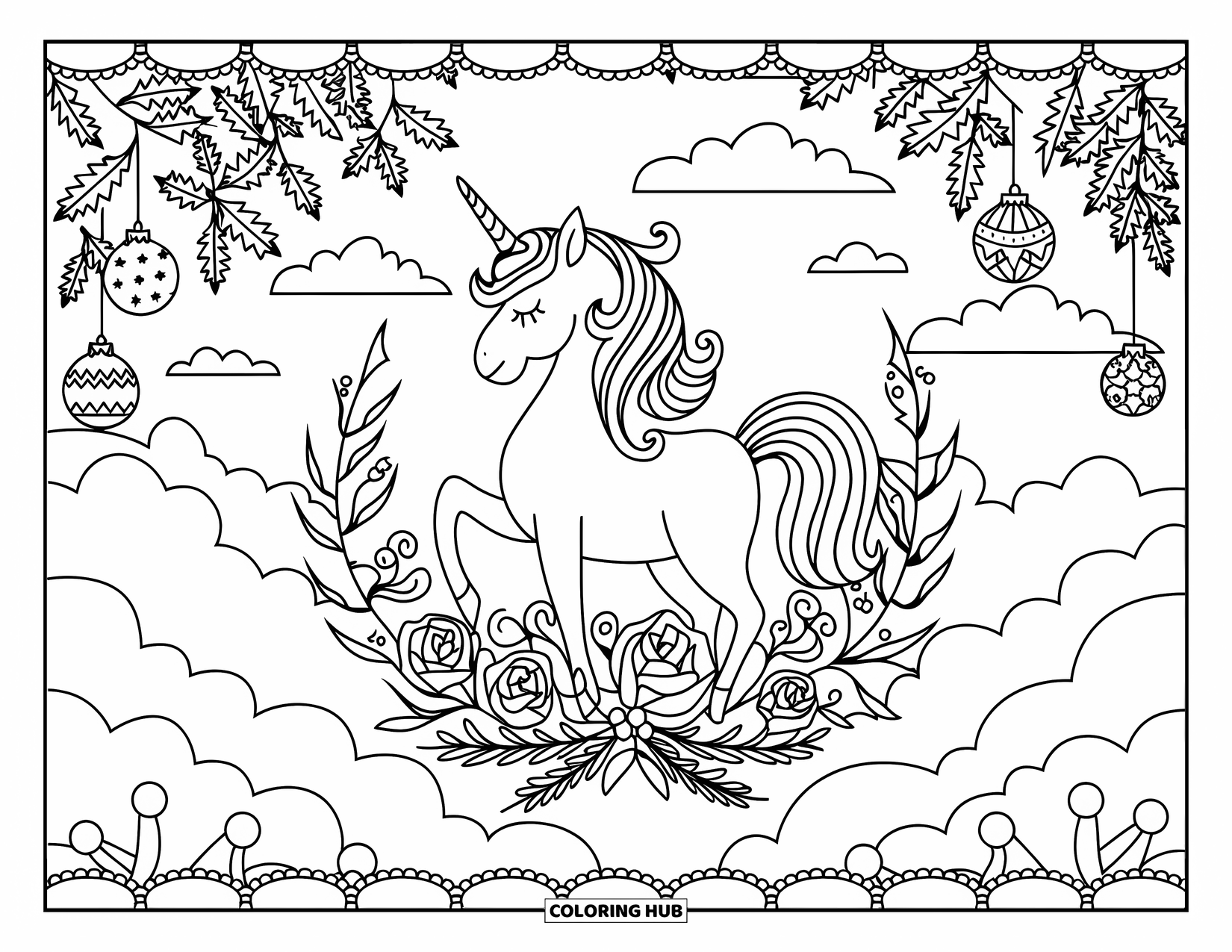 Christmas Unicorn Coloring Page for Adults: A unicorn on a cloud is framed by ivy, roses, and holly berries