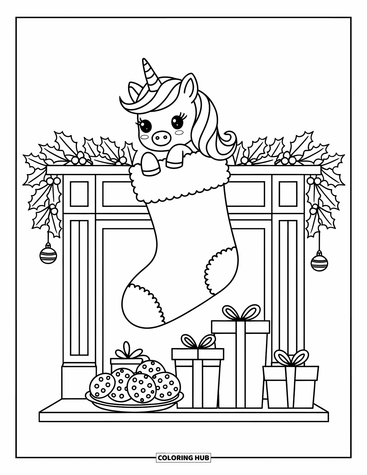 Christmas Unicorn Coloring Page for Adults: A unicorn peeks playfully from a stocking above presents and cookies