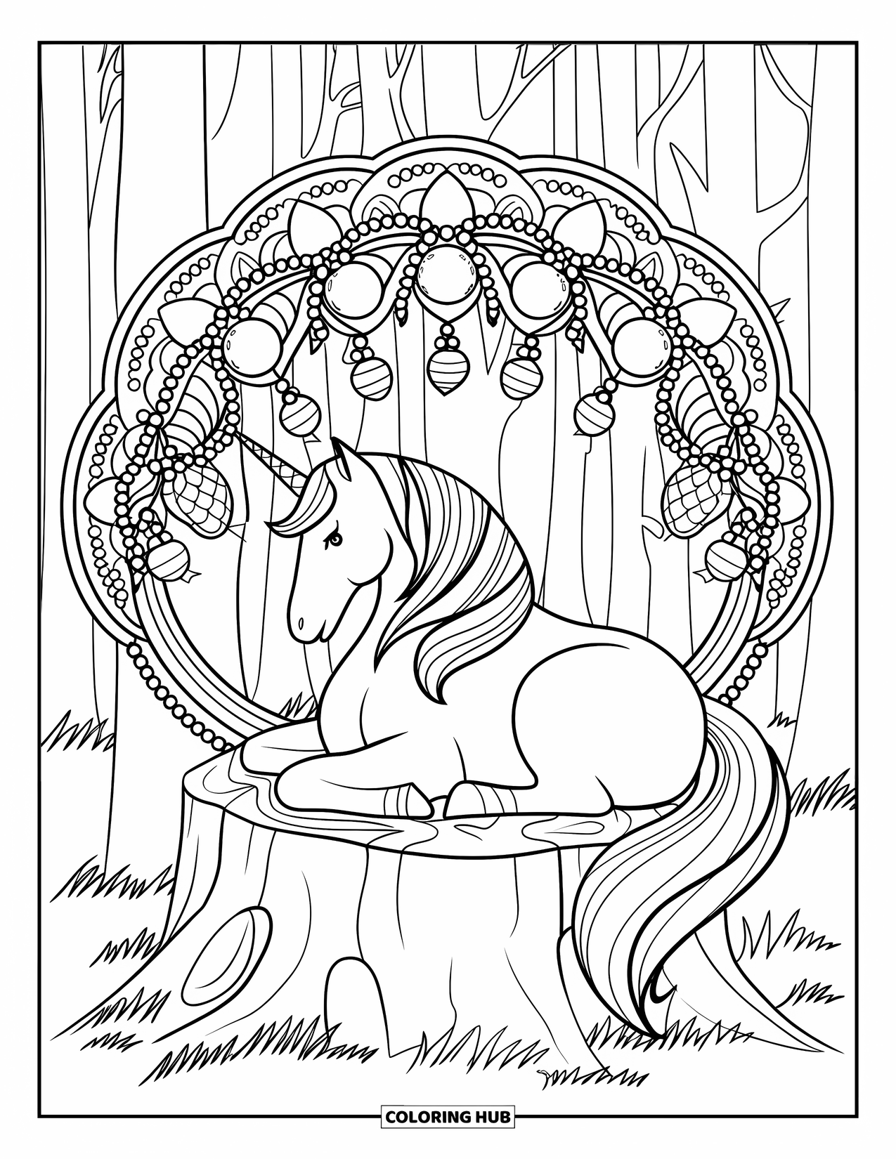 Christmas Unicorn Coloring Page for Adults: A unicorn rests beneath a mandala of ornaments, berries, and garlands
