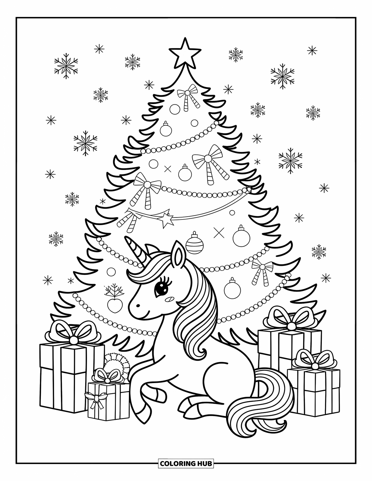 Christmas Unicorn Coloring Page for Adults: A unicorn sits near a glowing Christmas tree with presents and falling snow