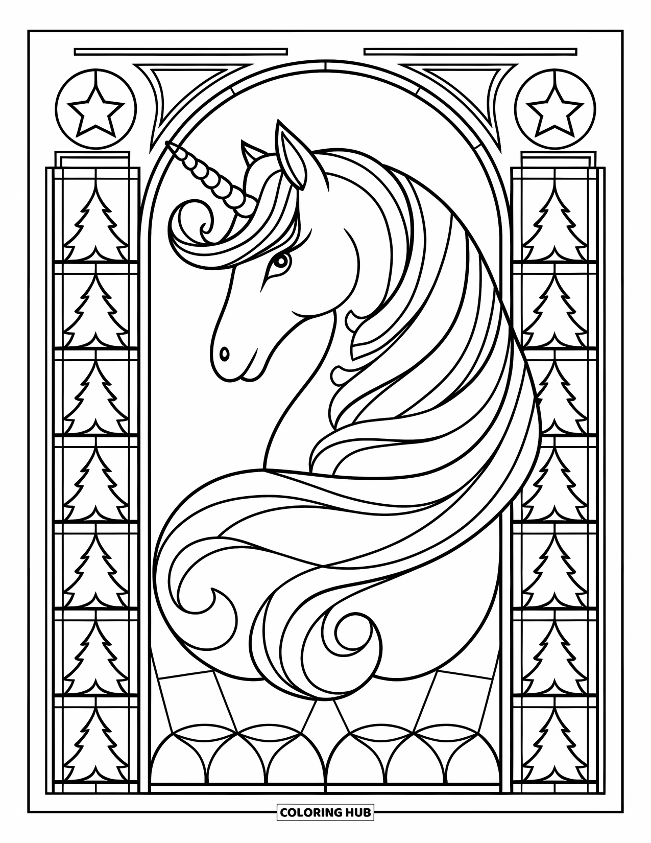 Christmas Unicorn Coloring Page for Adults: A unicorn stands between stained glass patterns of stars and Christmas trees
