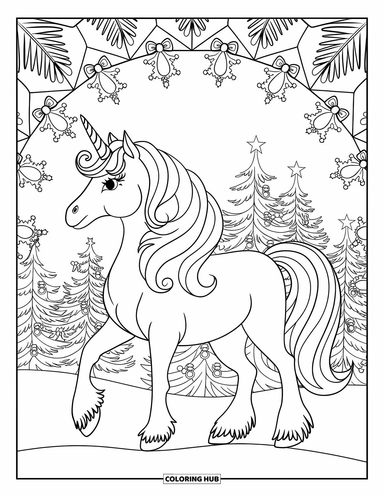 Christmas Unicorn Coloring Page for Adults: A unicorn stands in snow with fir trees decorated with bows