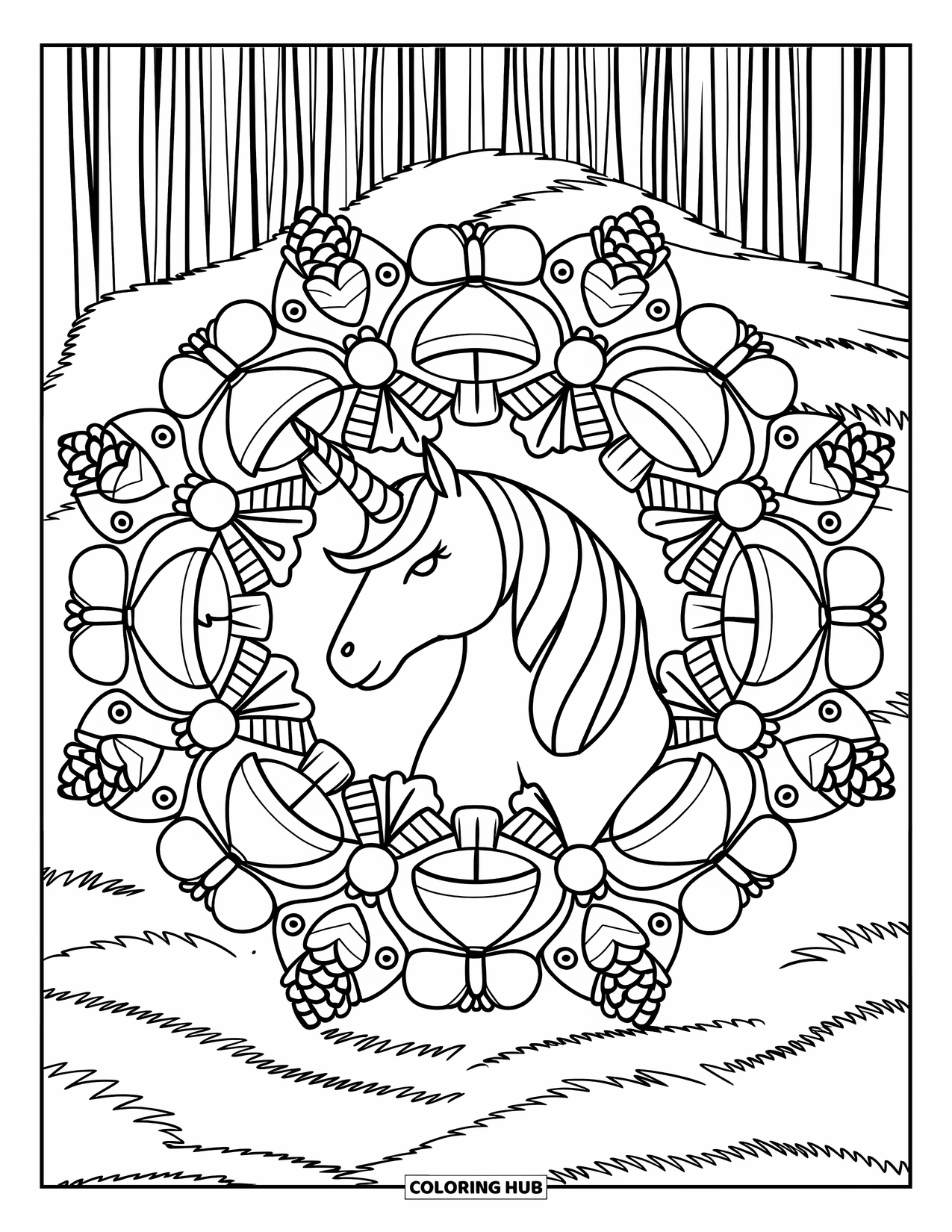 Christmas Unicorn Coloring Page for Adults: A unicorn with a spiral horn stands near tall forest trees