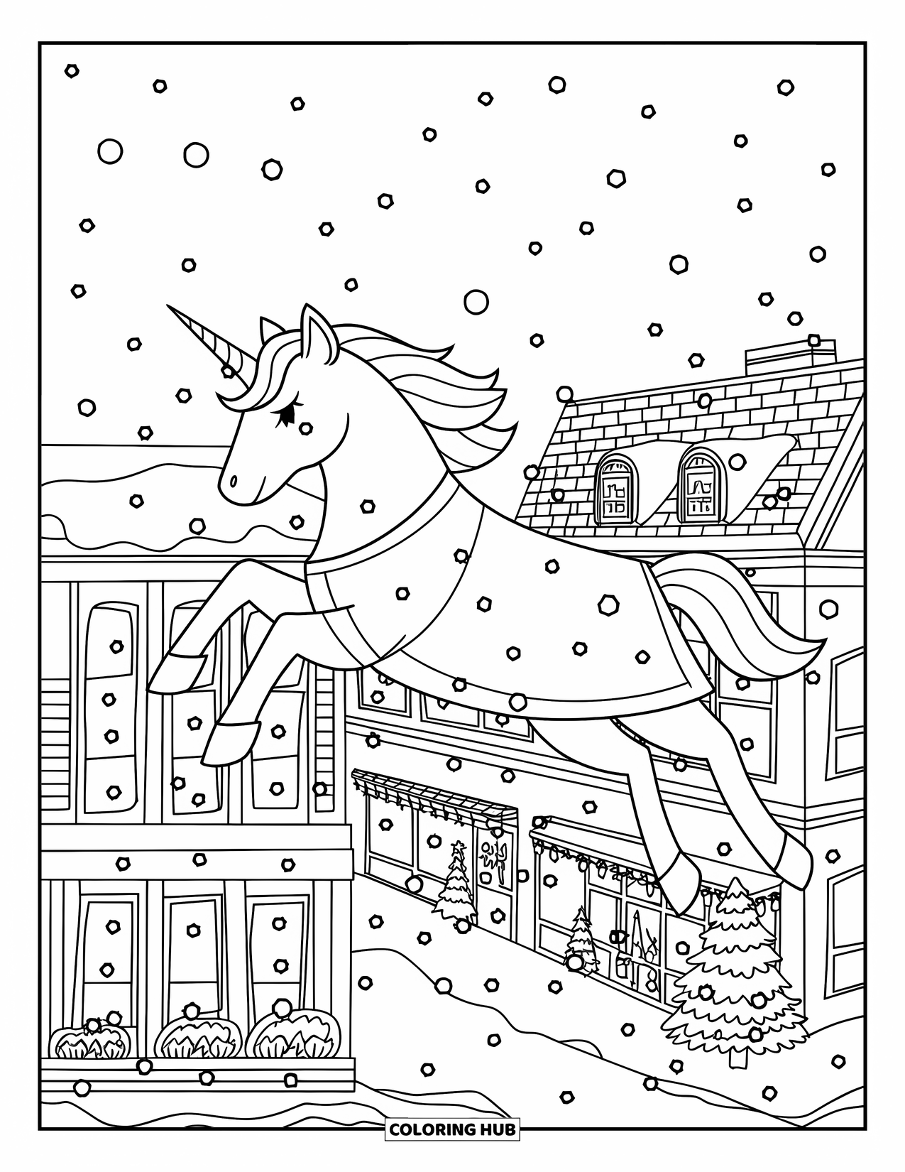 Christmas Unicorn Coloring Page for Kids: A unicorn in a tunic flies over rooftops glowing with festive lights