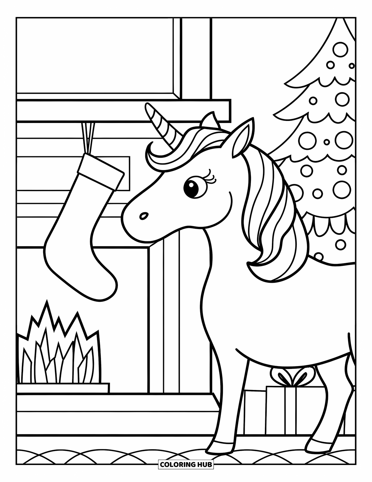 Christmas Unicorn Coloring Page for Kids: A unicorn looks curiously at a stocking hanging from the fireplace