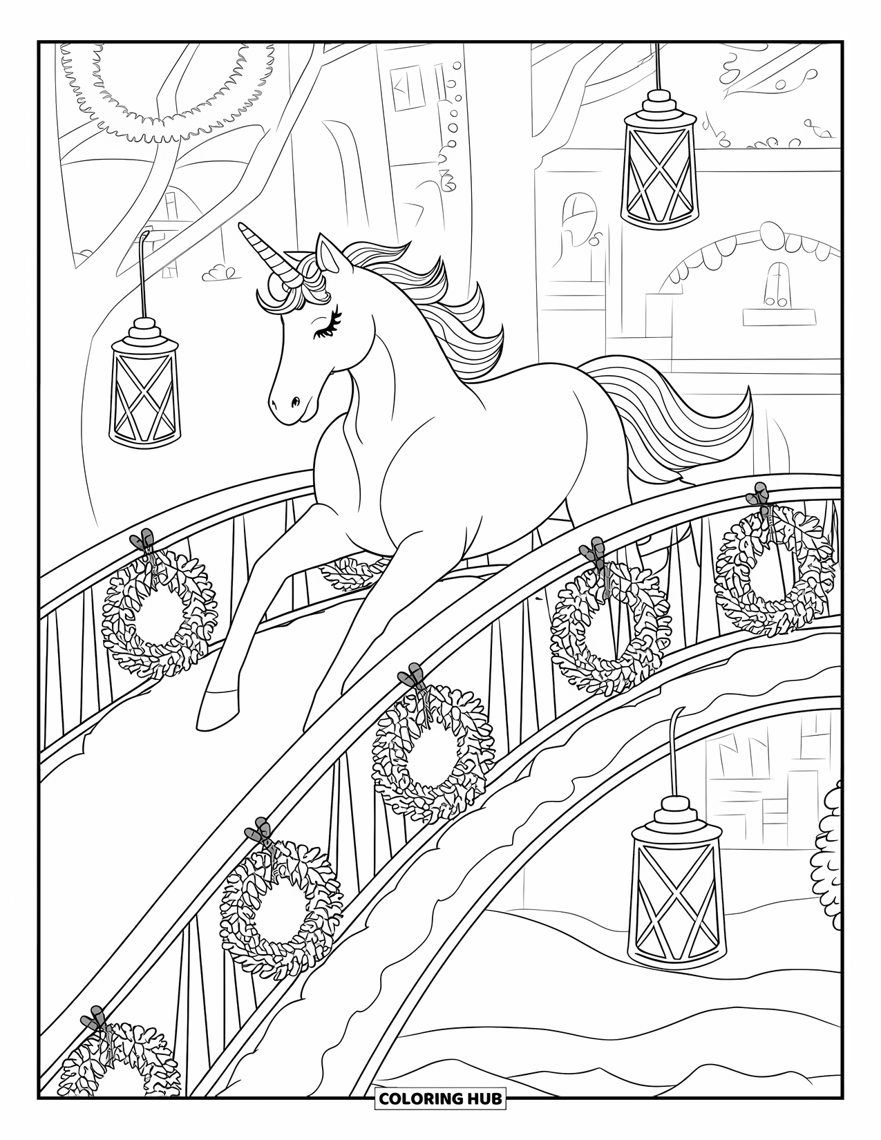 Christmas Unicorn Coloring Page for Kids: A unicorn with a crown gallops across a snowy arched bridge