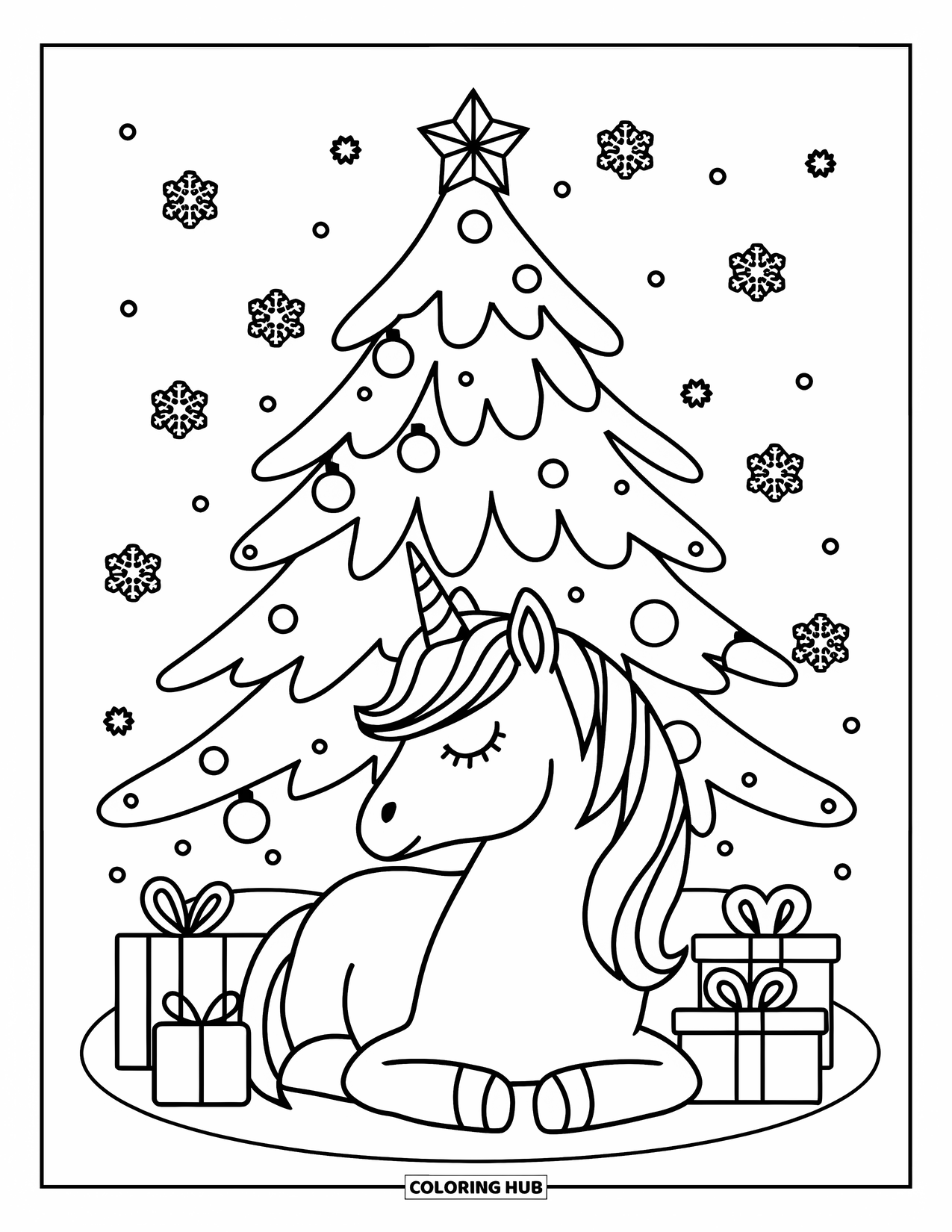 Christmas Unicorn Coloring Page for Kids: A unicorn with a crown relaxes beneath a Christmas tree with gifts