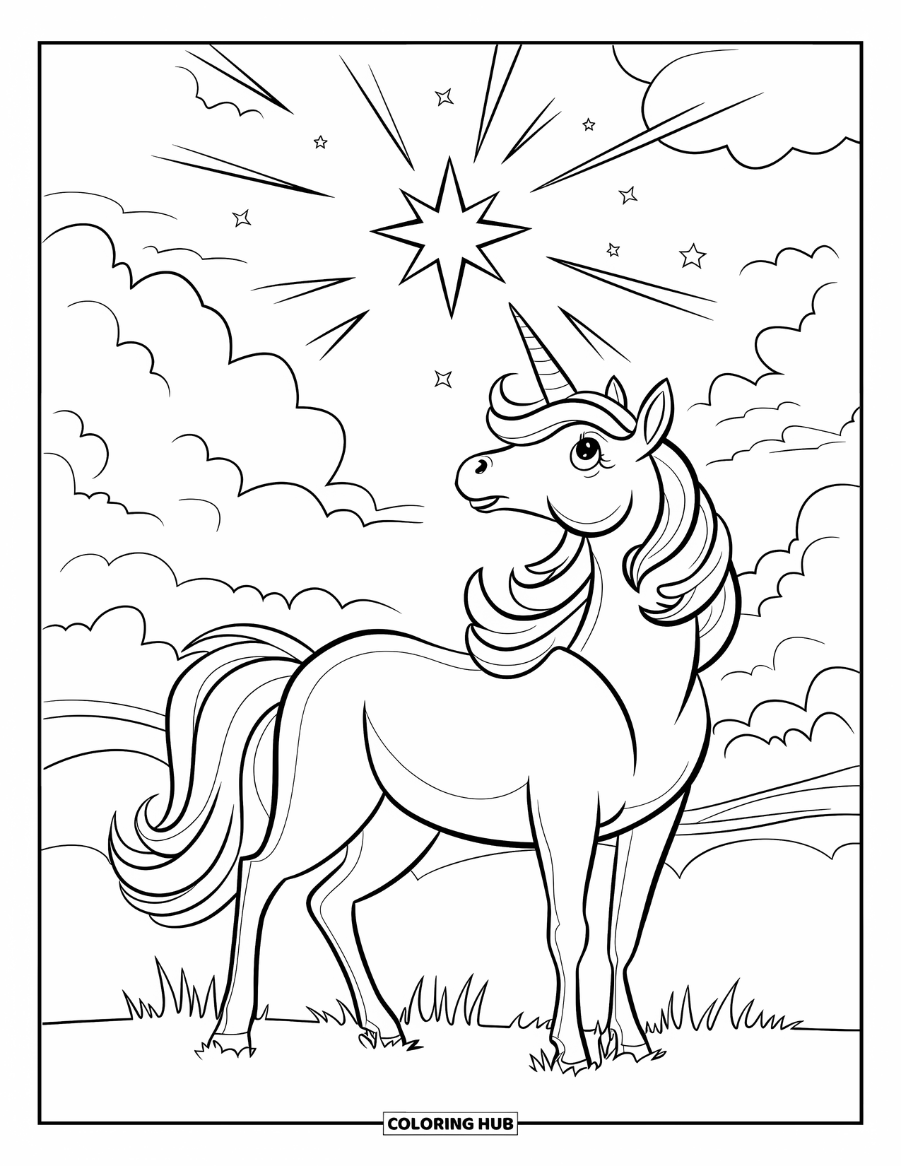 Christmas Unicorn Coloring Page for Kids: A unicorn with a pink mane gazes at a bright Christmas star in the sky